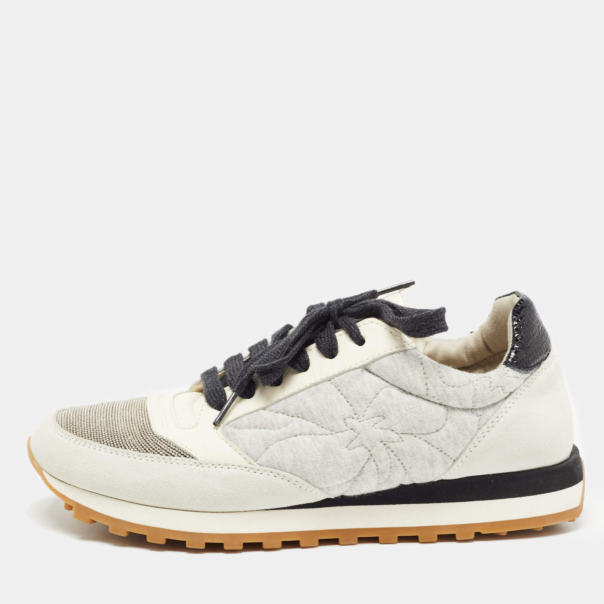 Pre Owned Brunello Cucinelli Grey Suede and Leather Embellished Low Top Sneakers Size 37