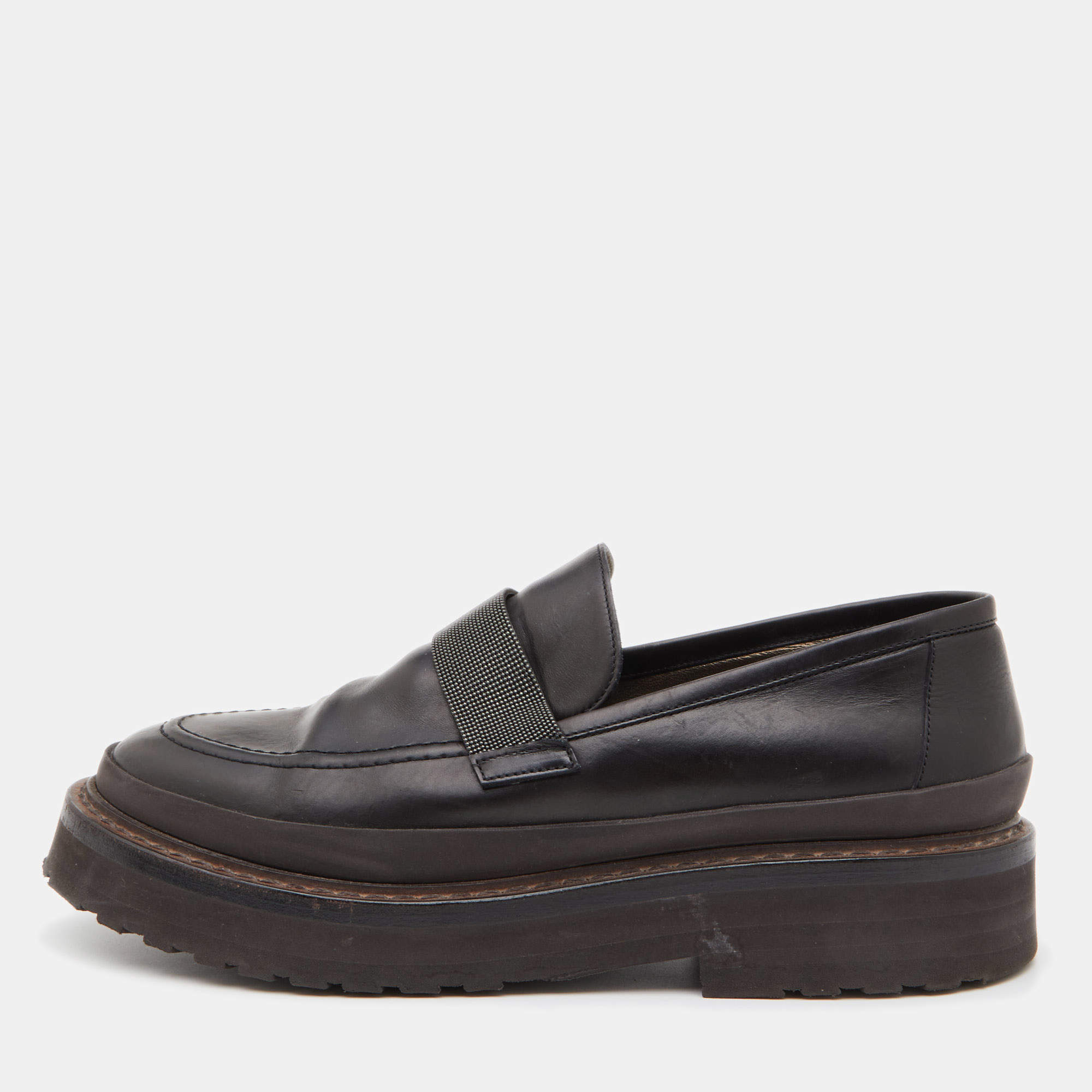 Pre Owned Brunello Cucinelli Dark Brown Leather Bead Embellished Loafers Size 40