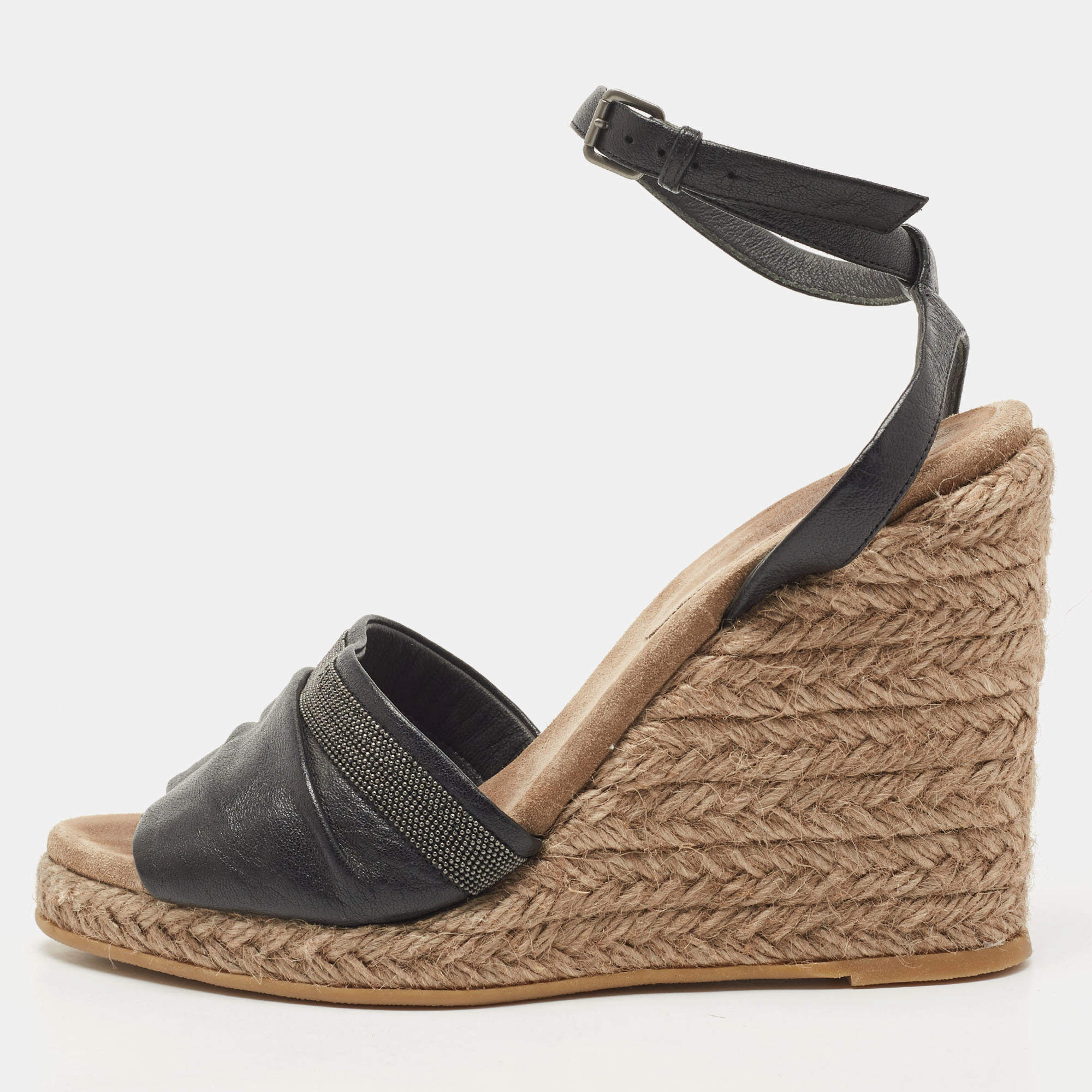 Brunello Cucinelli Black Leather Ankle Strap Wedge Sandals Size 40