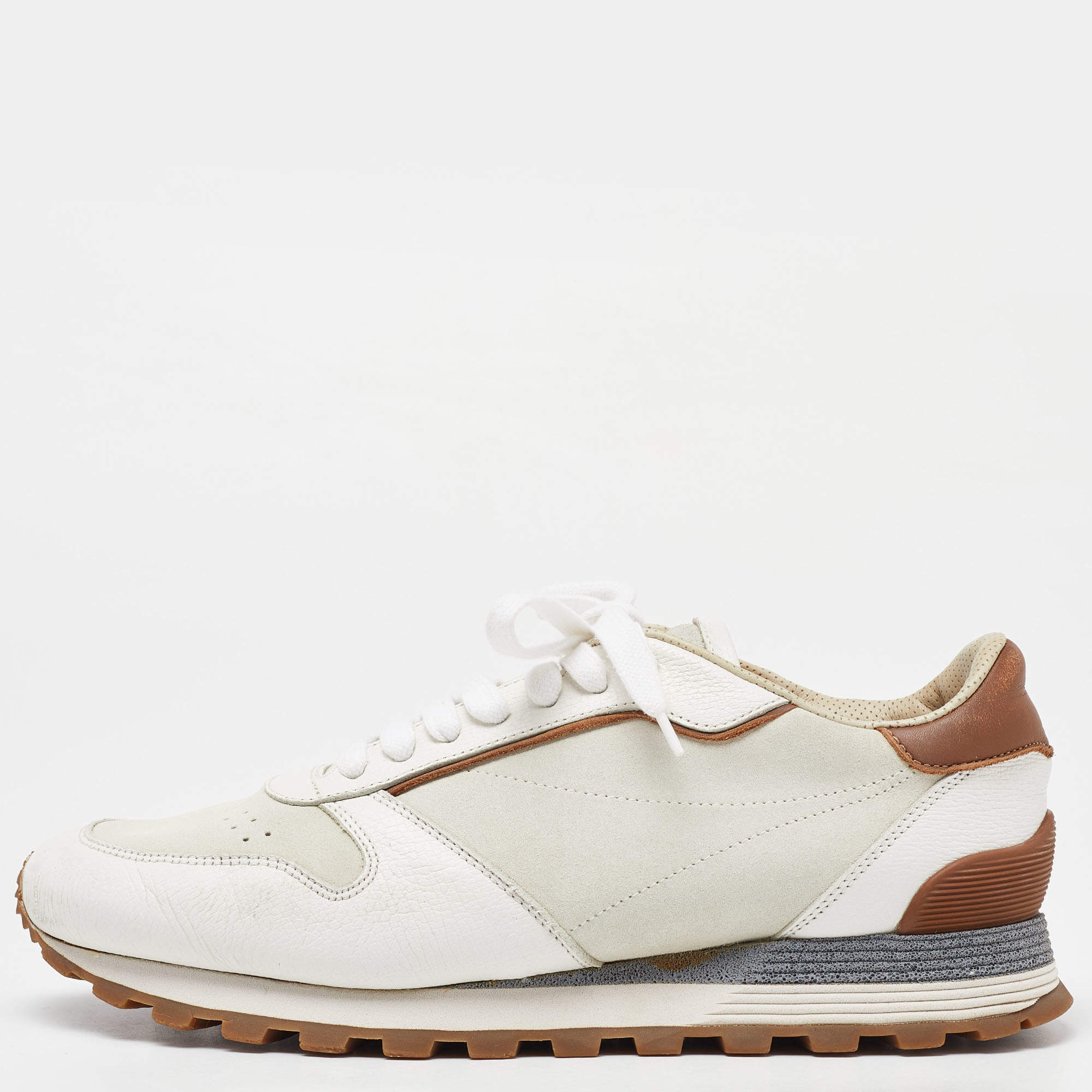 Brunello Cucinelli White/Brown Suede and Leather Low Top Sneakers Size 42