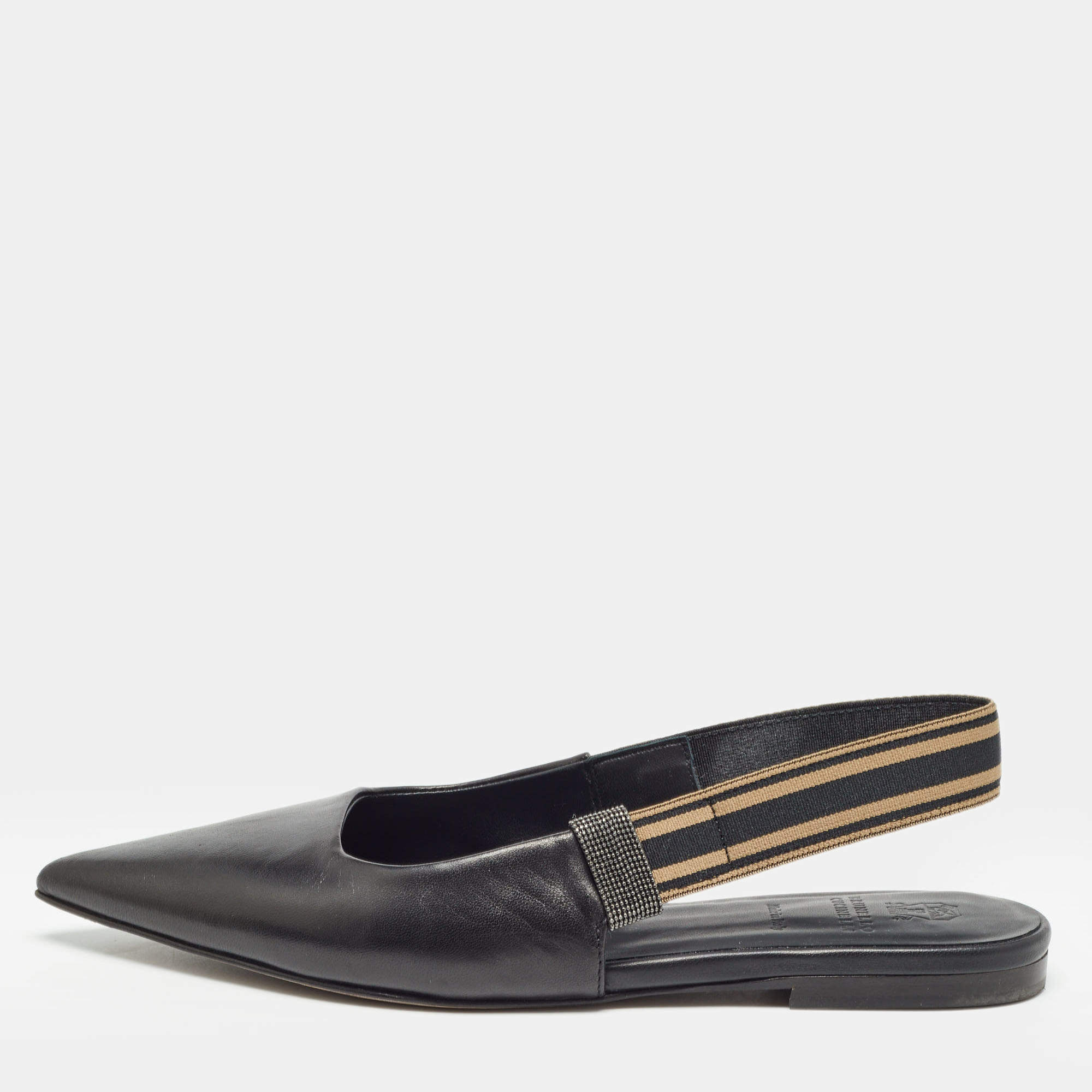 Brunello Cucinelli Black Leather Slingback Flats Size 37