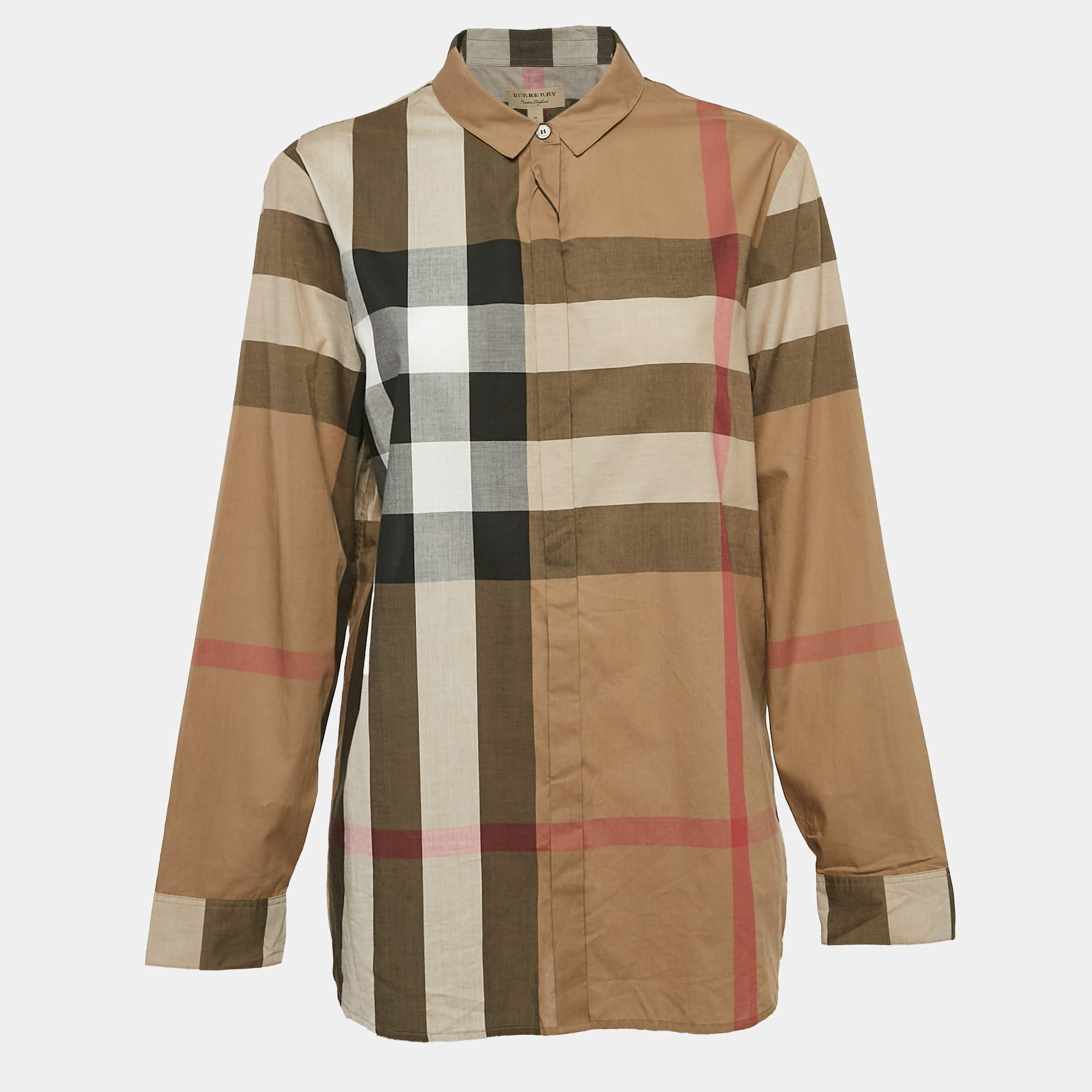Pre Owned Burberry Brit Taupe Brown Checked Cotton Button Front Shirt XL