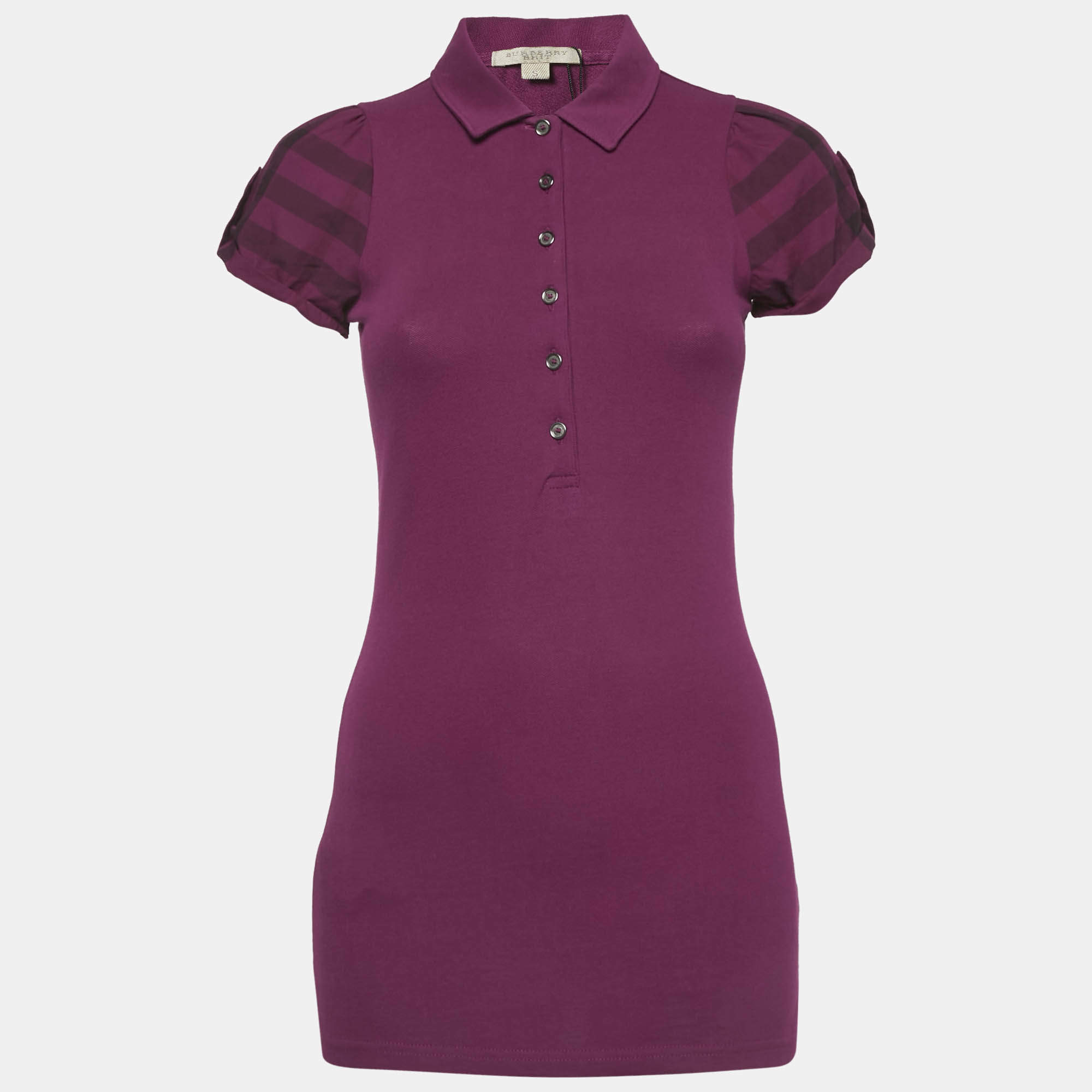 Burberry Brit Pink Pique Checked Puff Sleeve Polo T-Shirt S