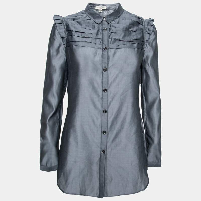 Pre Owned Burberry London Grey Cotton & Silk Ruched Detail Button Front Tunic S