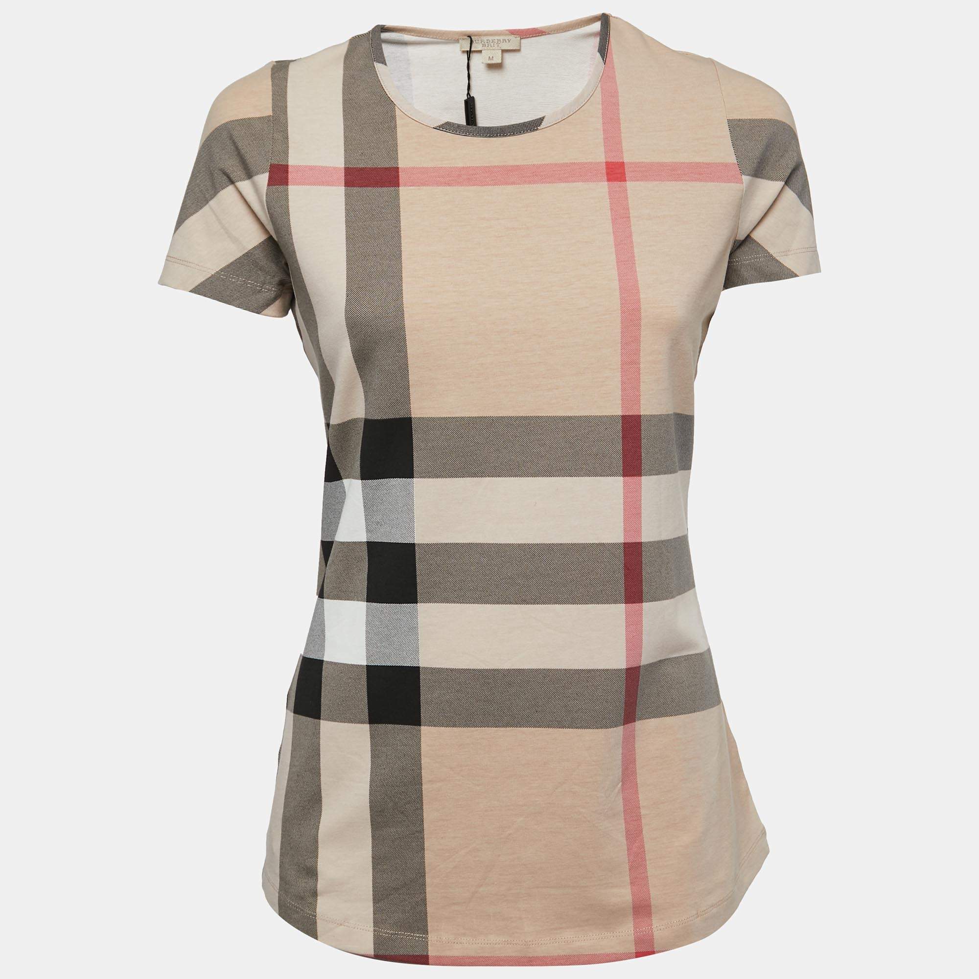 Pre Owned Burberry Brit Beige Giant Check Stretch Cotton Crew Neck T-Shirt M
