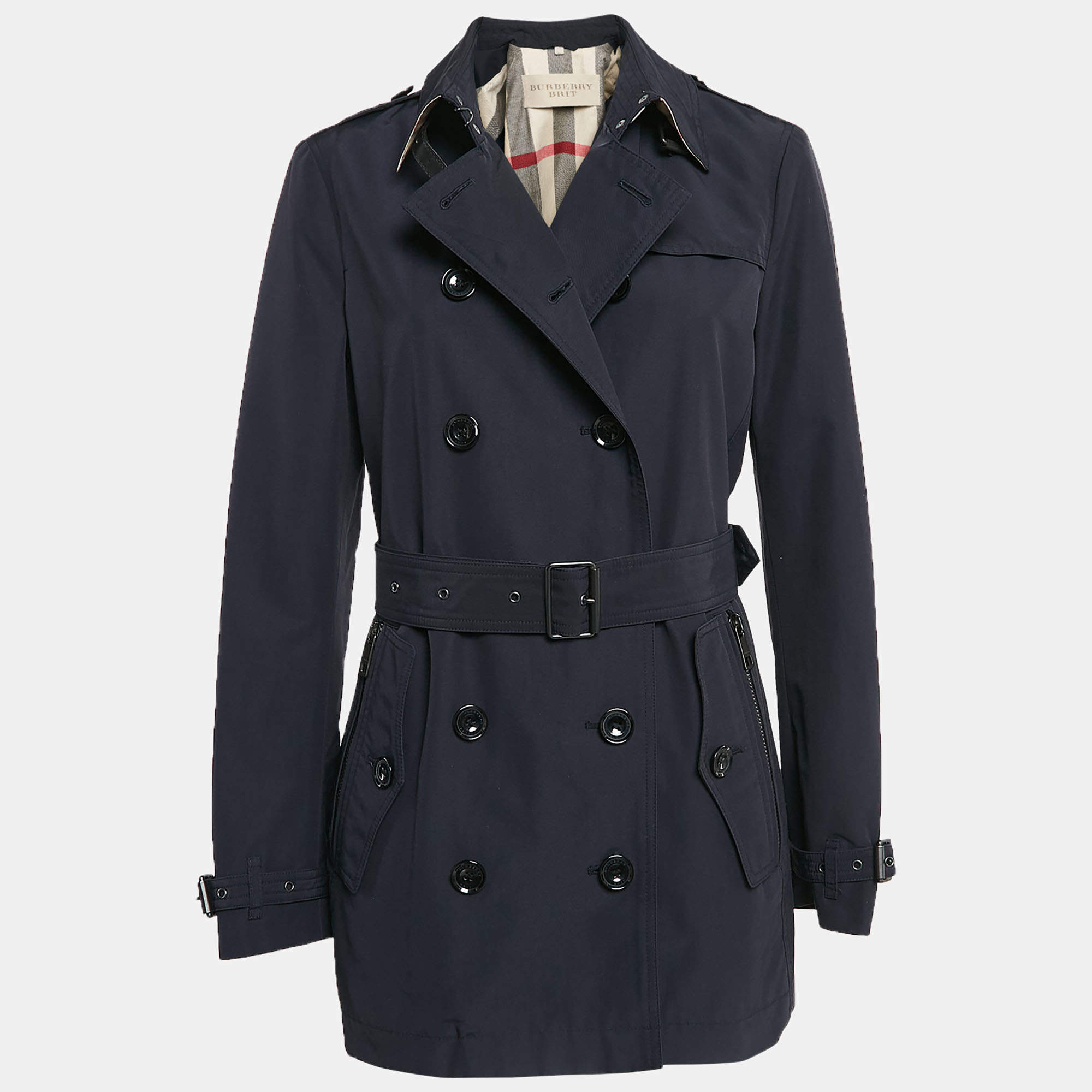 Pre Owned Burberry Brit Blue Cotton Blend Double Breasted Coat M