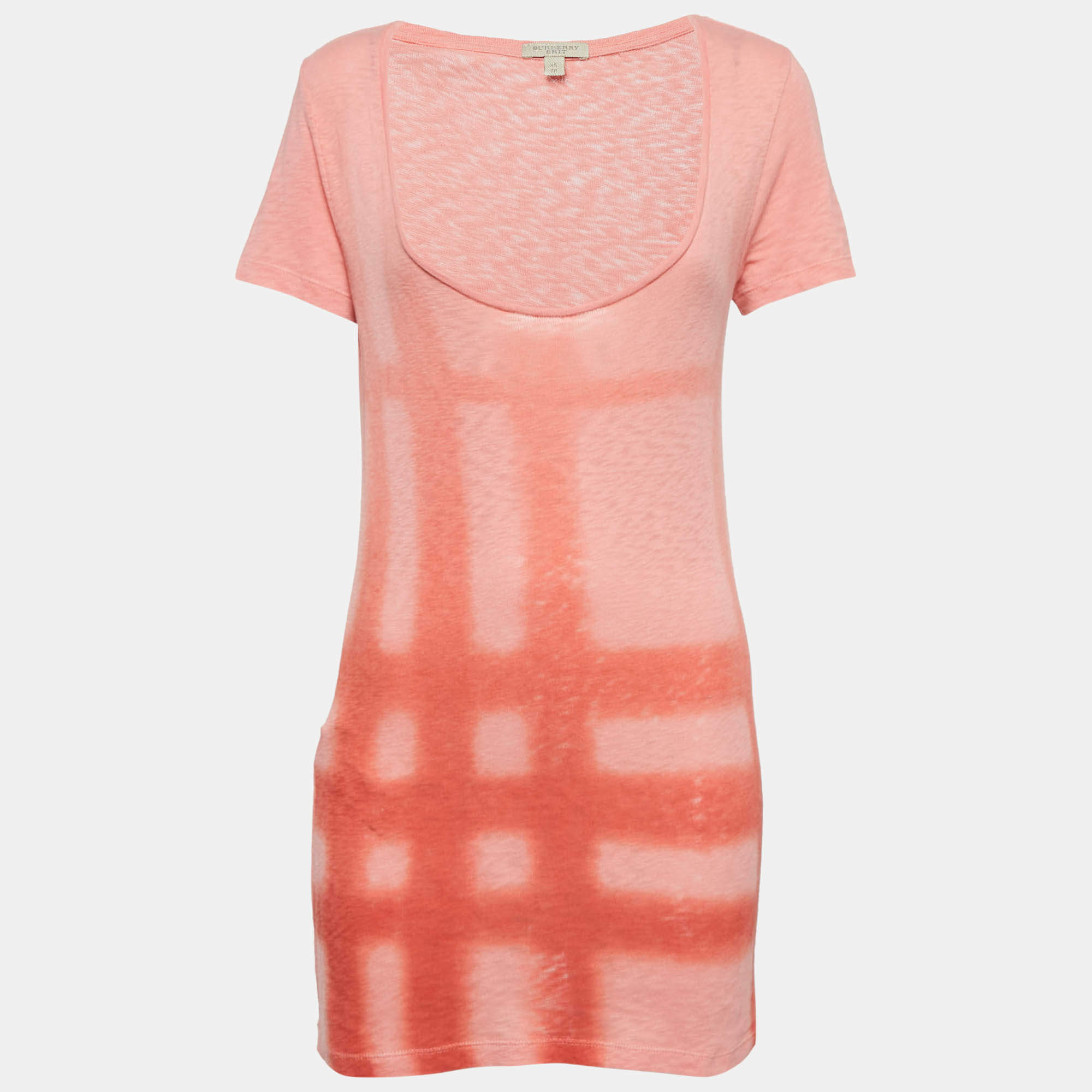 Burberry Brit Coral Pink Check Sprayed Cotton Scoop Neck T-Shirt XS