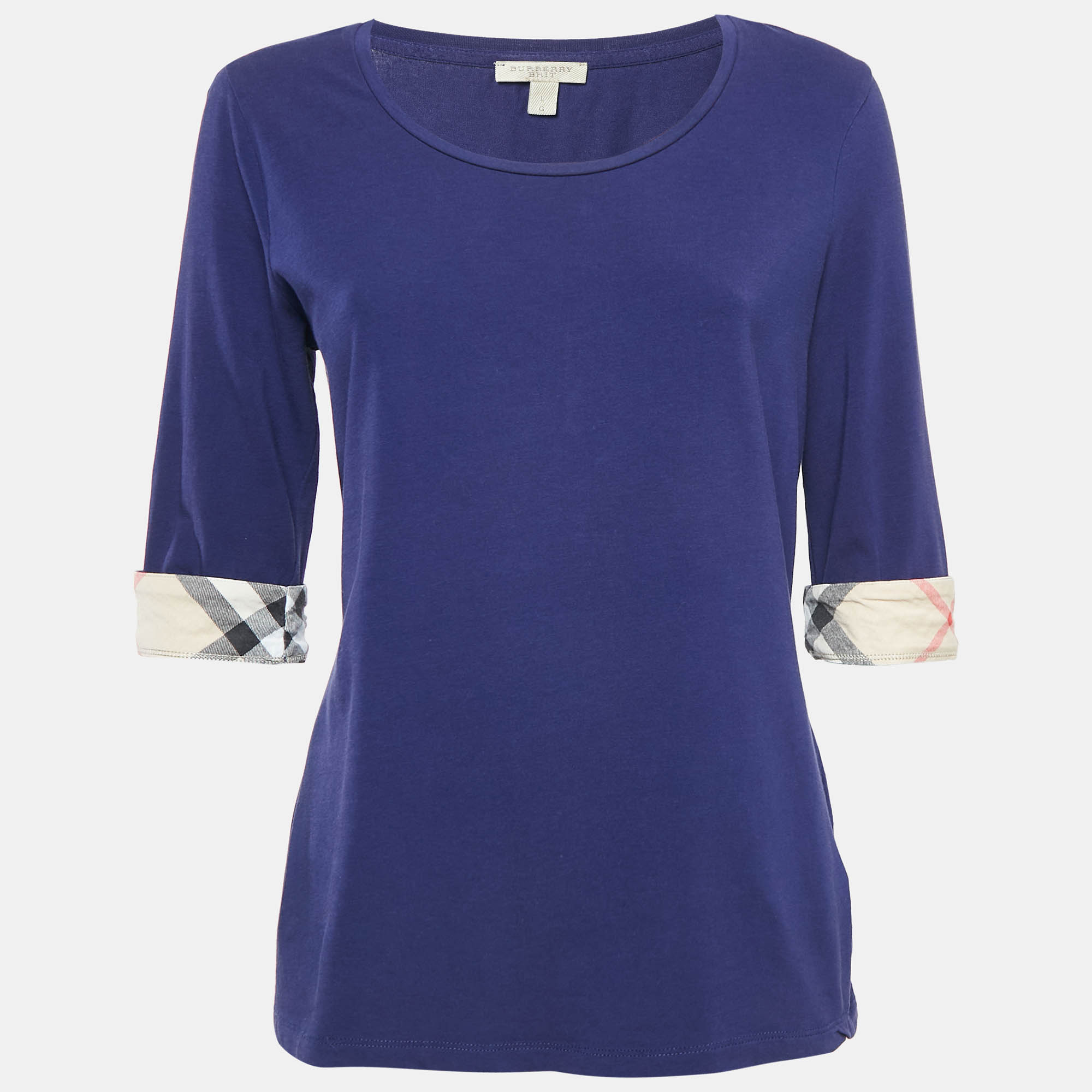 Burberry Brit Blue Stretch Cotton Nova Check Trim T-Shirt L