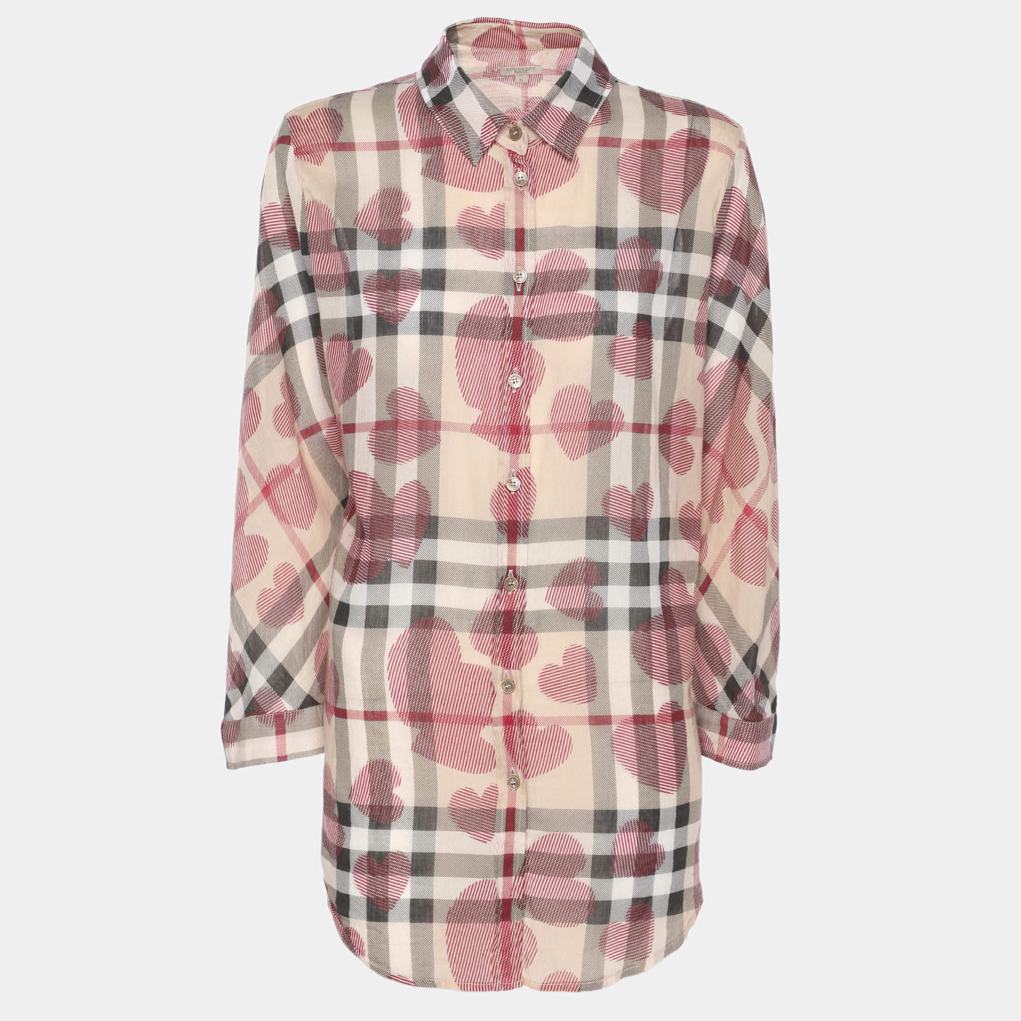 مملوكة مسبقًا Burberry Brit Multicolor Heart Print Nova Check Cotton Plaid Button Shirt XL