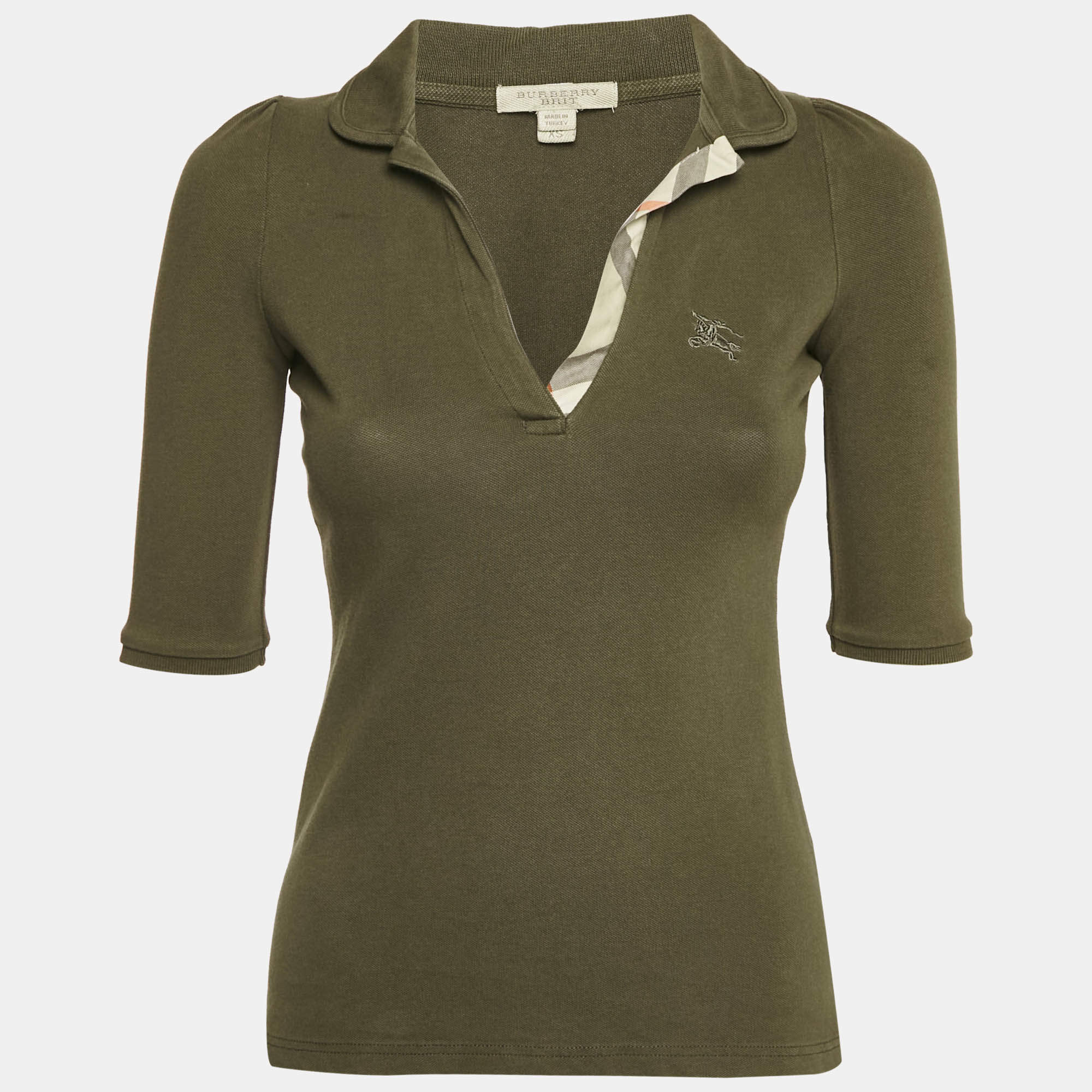 Pre Owned Burberry Brit Khaki Green Cotton Pique Polo T-Shirt XS