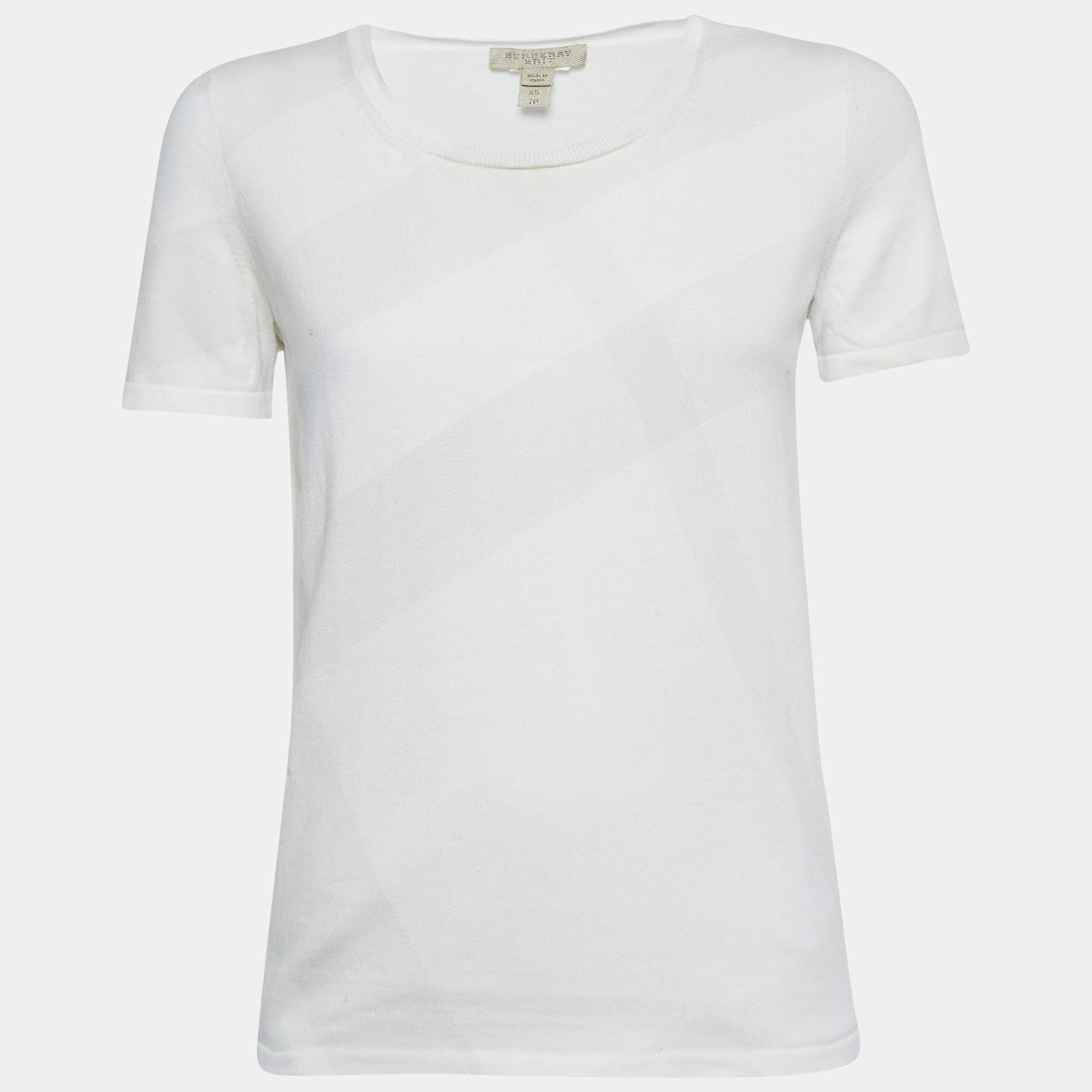 Pre Owned قميص بربري بريت بطبعة التارتان الأبيض برقبة دائرية مقاس صغير جداً