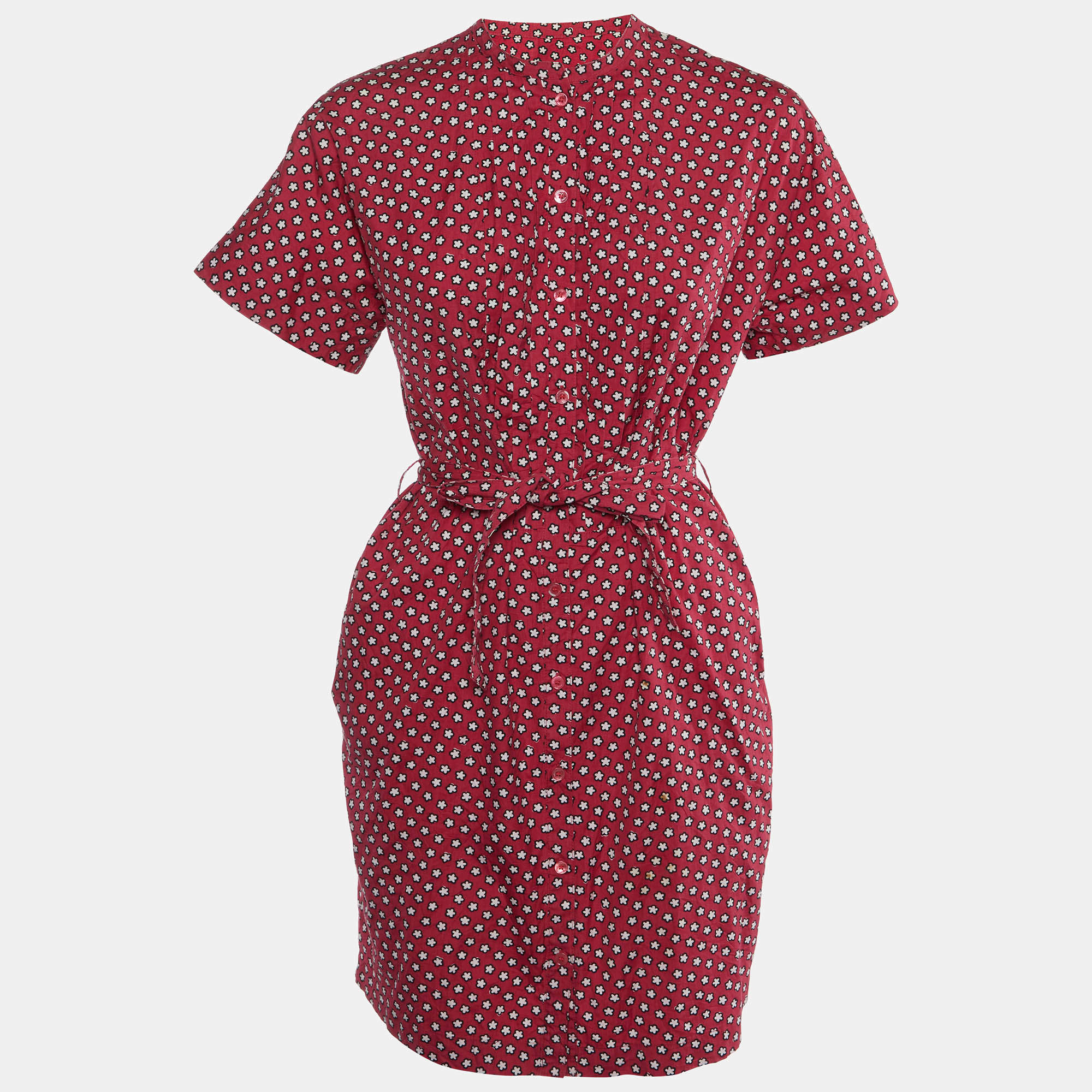 Burberry Red Printed Cotton Belted Shirt Dress S
