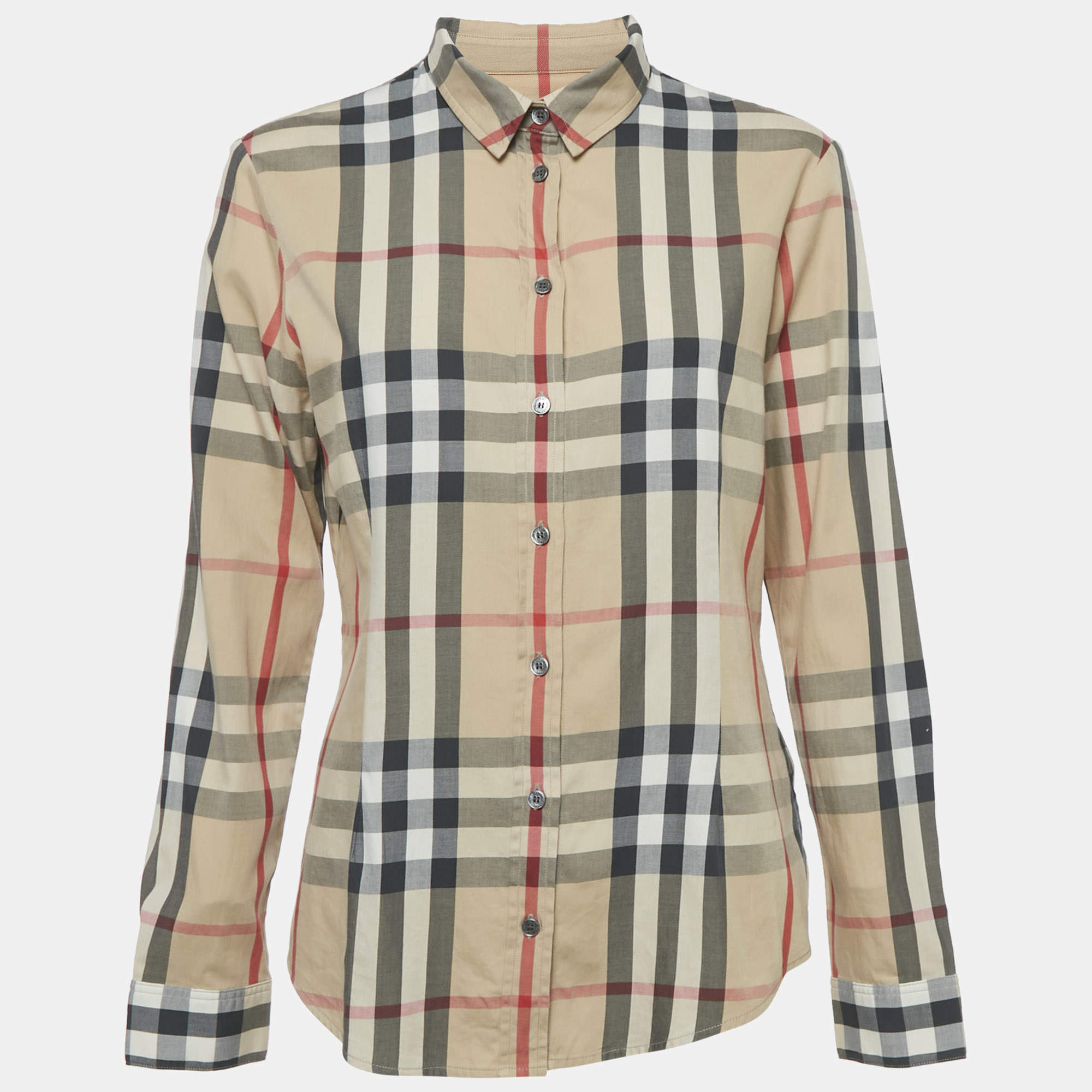 مملوكة مسبقًا قميص بربري قطن بيج كارو بأزرار أمامية مقاس كبير - لارج