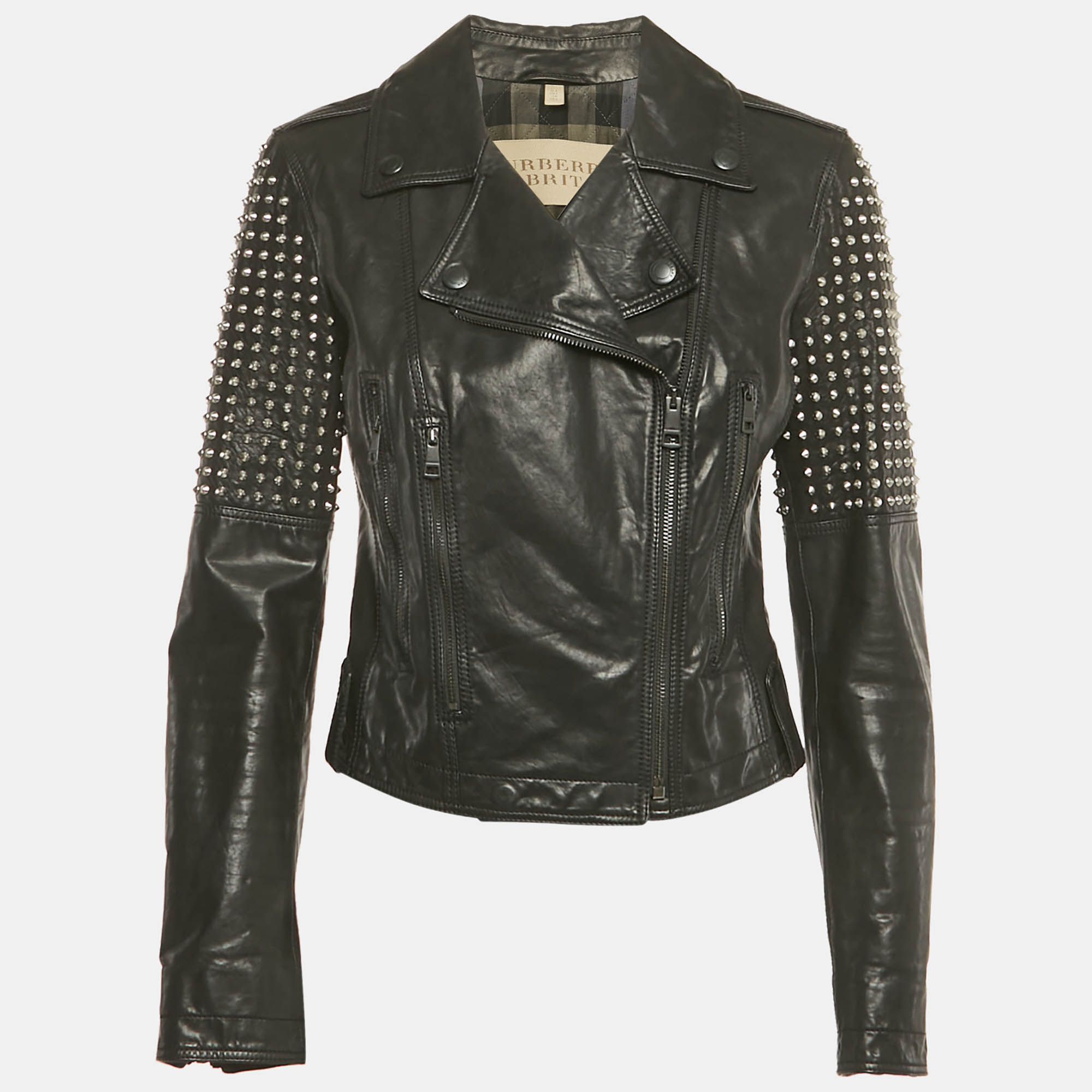 Pre Owned Burberry Brit Black Studded Leather Biker Jacket S