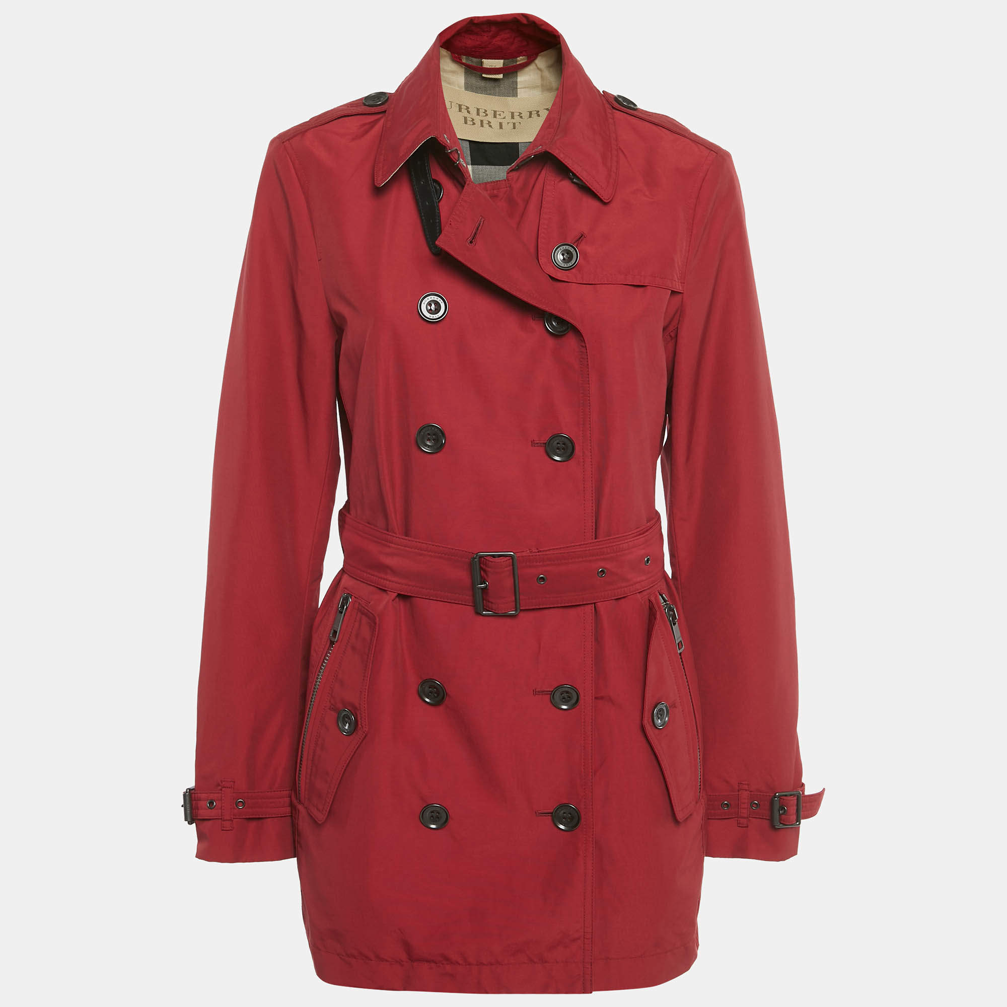 Pre Owned Burberry Brit Red Cotton Blend Double Breasted Trench Coat M