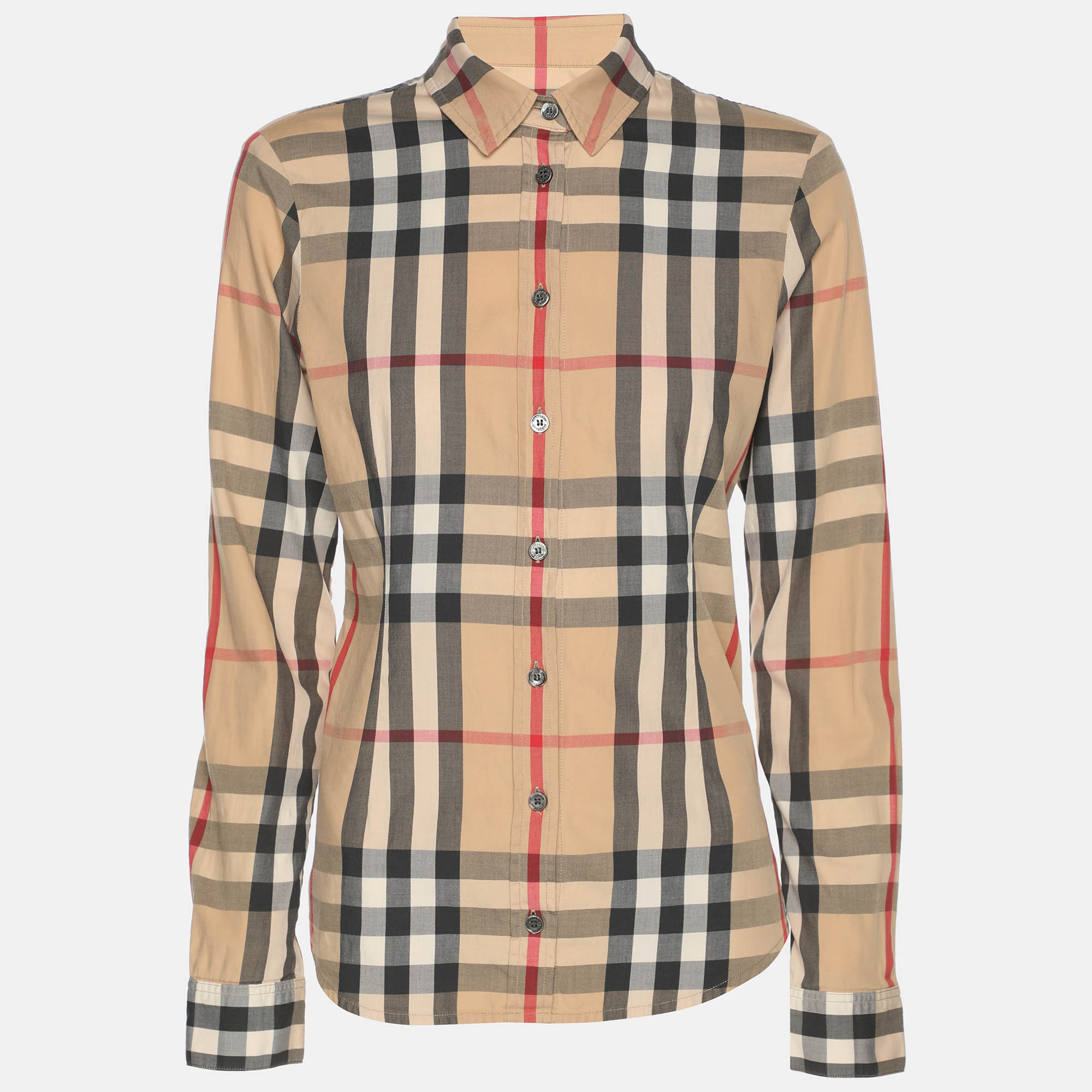 Pre Owned Burberry Brit Beige House Check Stretch Cotton Long Sleeve Shirt XS