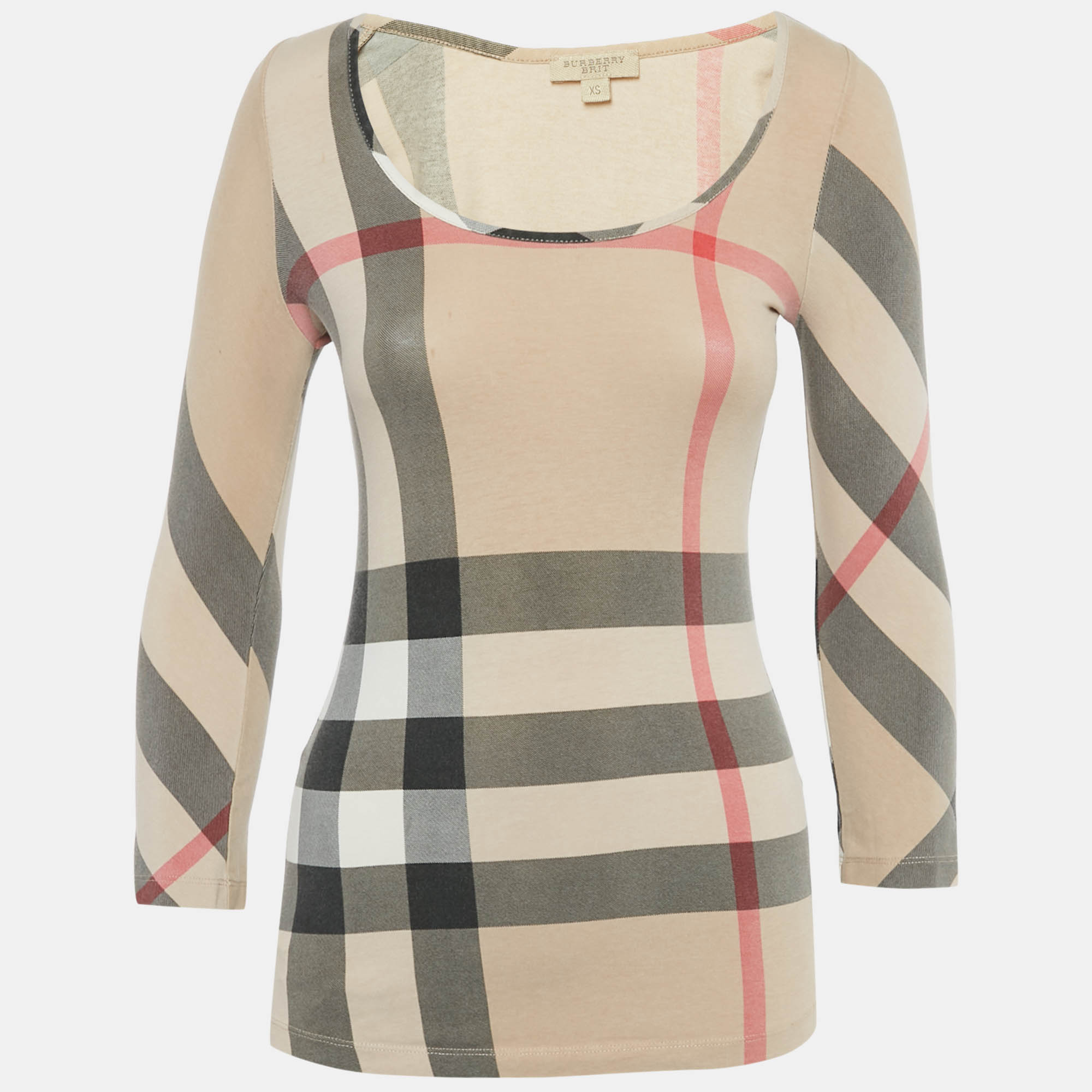 Pre Owned Burberry Brit Light Beige Giant Check Cotton Knit Top XS