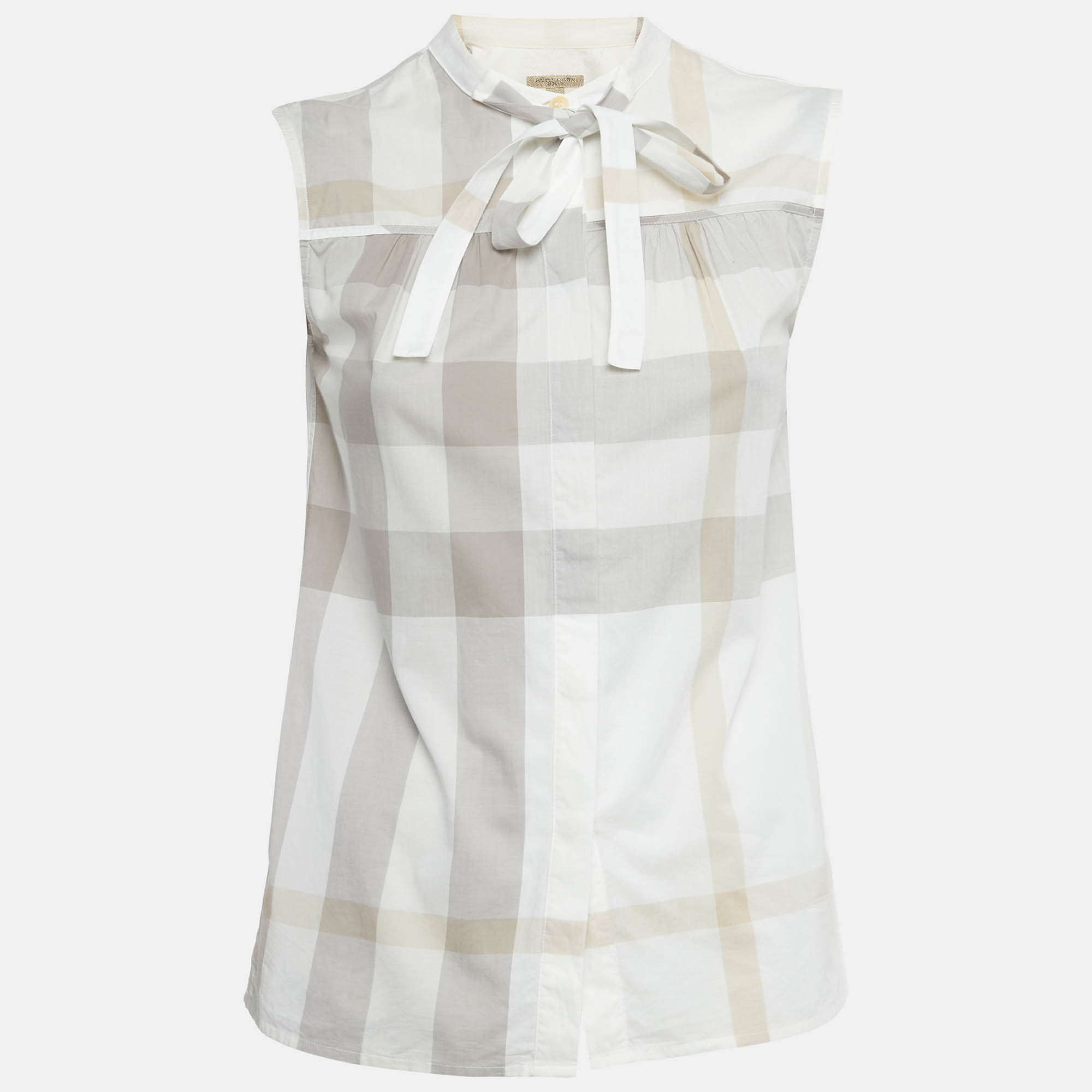 Pre Owned Burberry Brit White Plaid Print Cotton Tie -Up Mock Neck Blouse XS