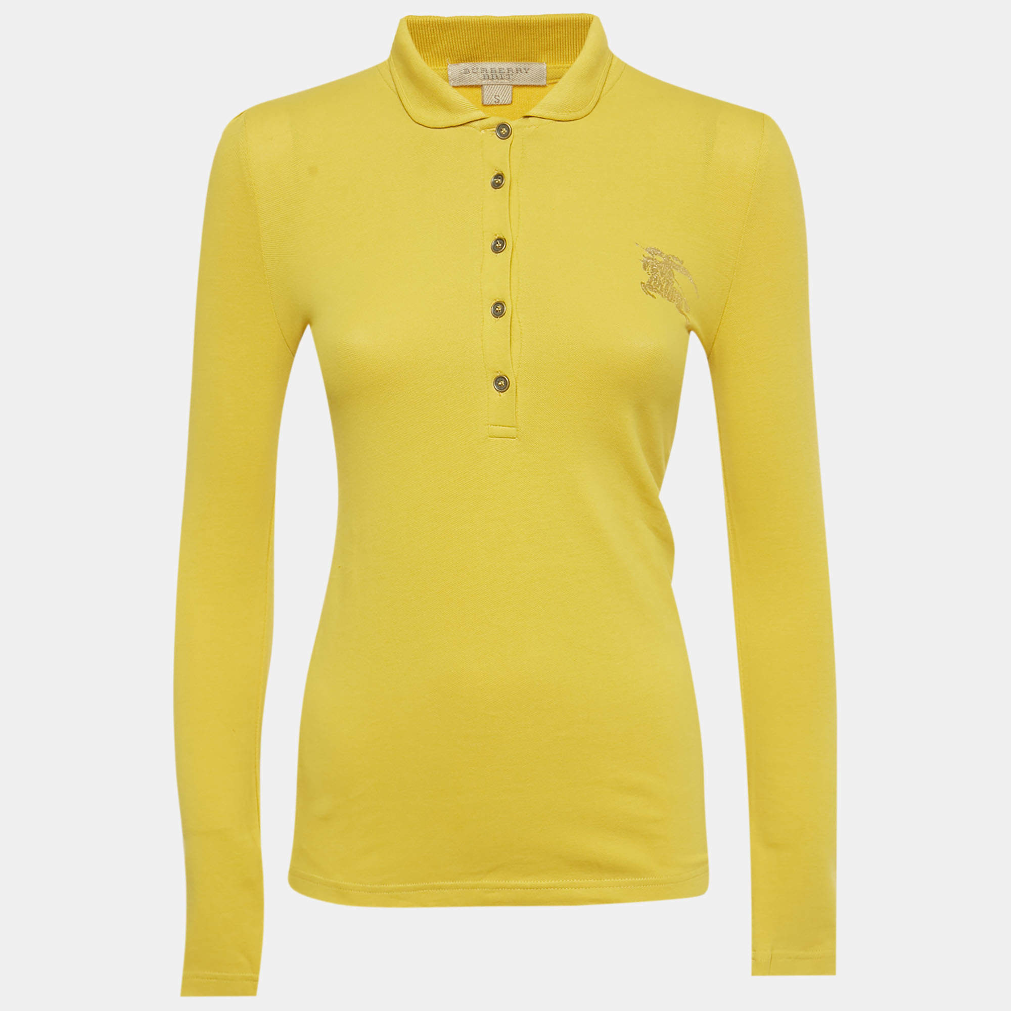 Pre Owned Burberry Brit Yellow Logo Foil Print Cotton Polo T-Shirt S