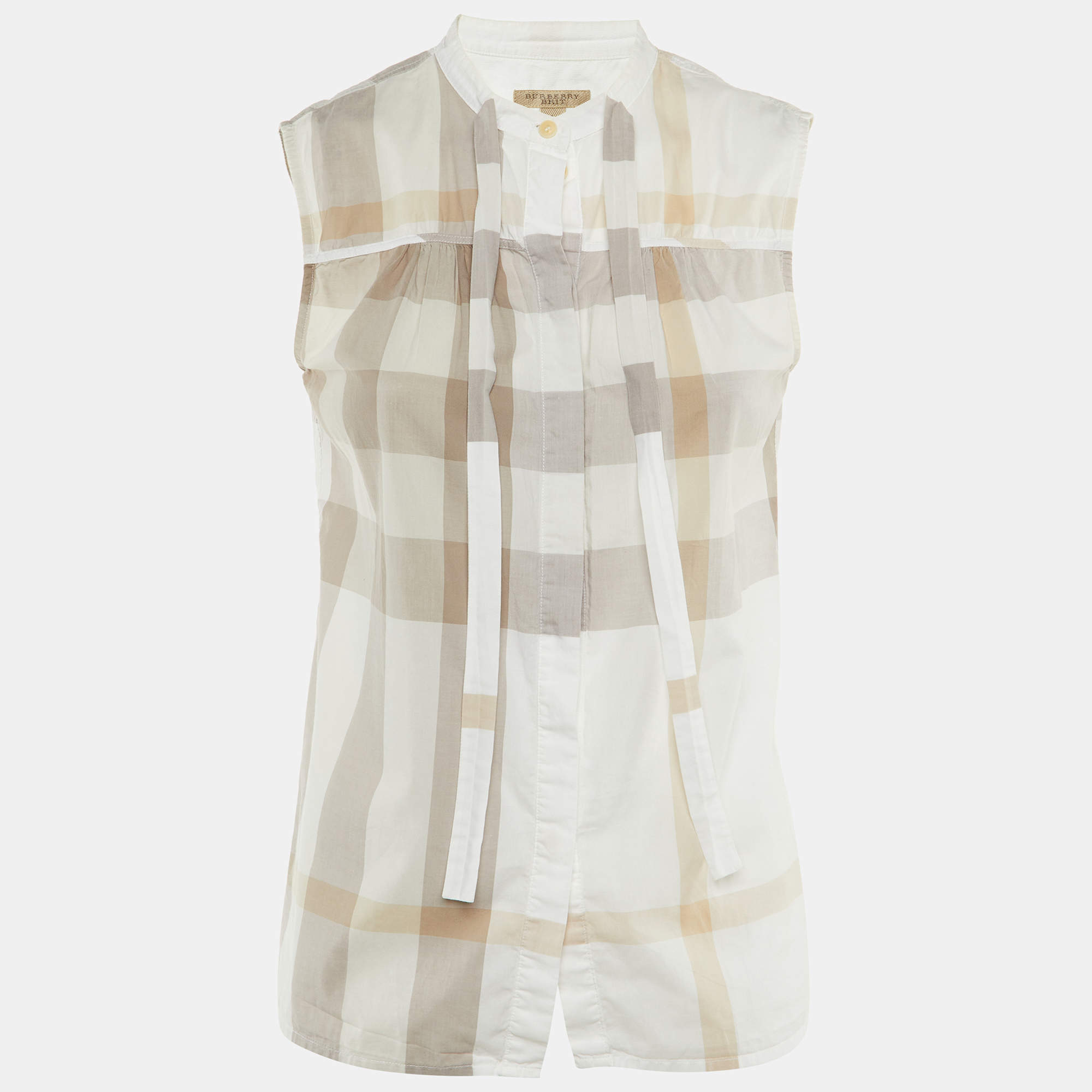 Pre Owned Burberry Brit White Checked Cotton Tie Neck Sleeveless Shirt S 