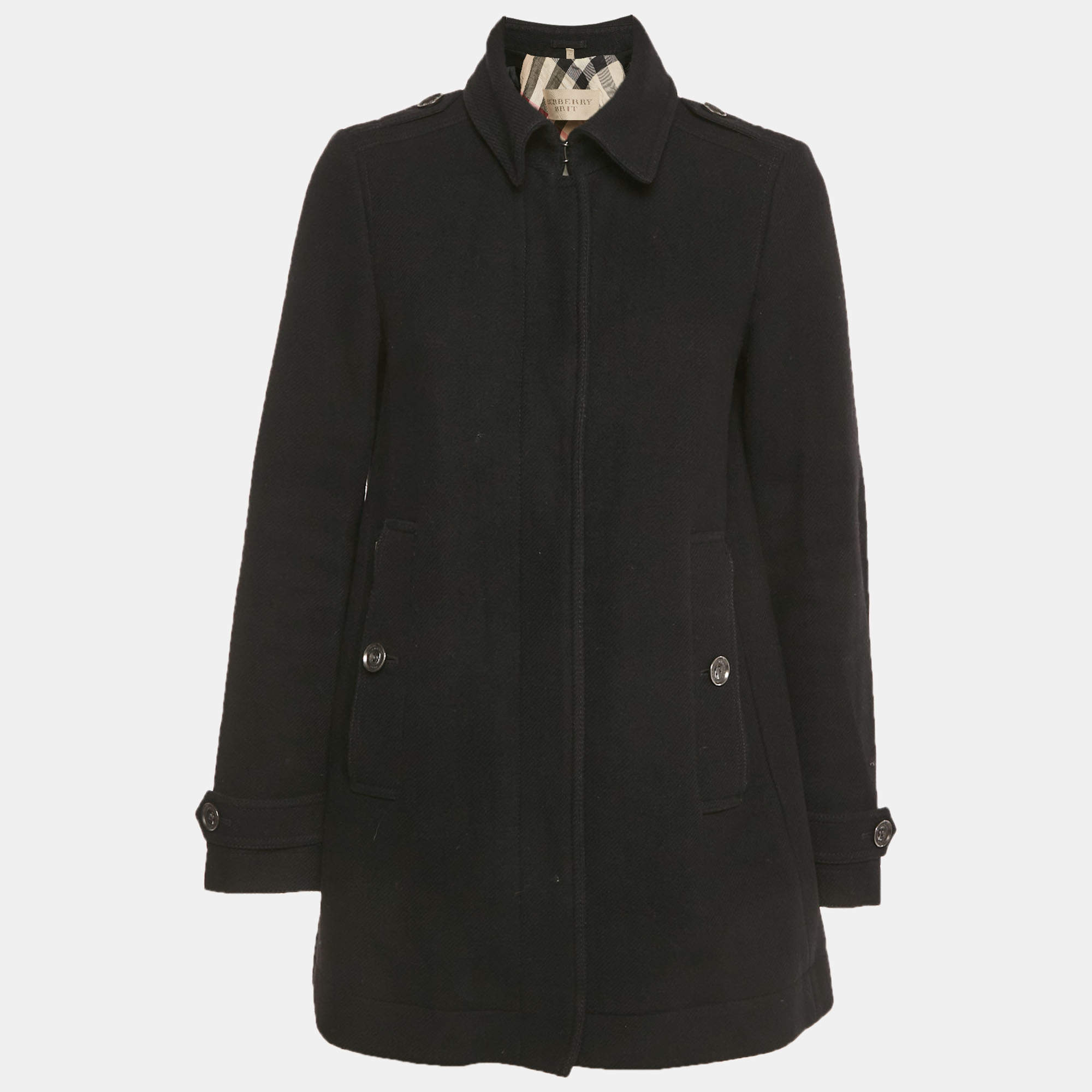 Pre Owned Burberry Brit Black Wool Blend Short Coat S 