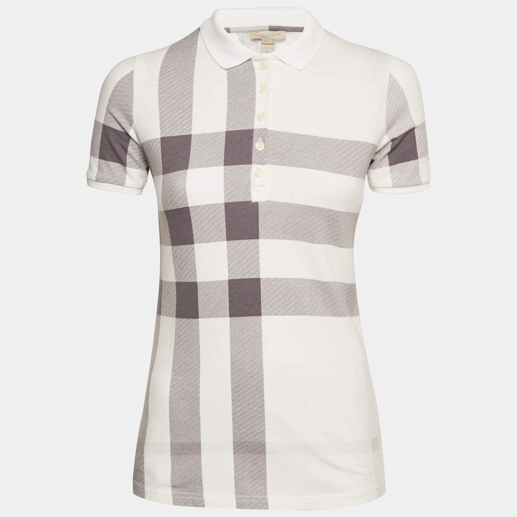مملوكة مسبقًا تي شيرت بولو قطن بتصميم مربعات أبيض من بربري بريت مقاس صغير