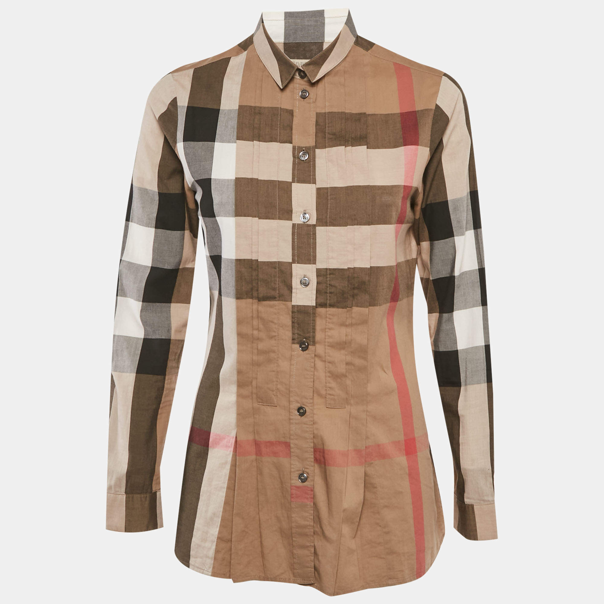 مملوكة مسبقًا Burberry Beige Checks Cotton Pink Tucks Shirt S