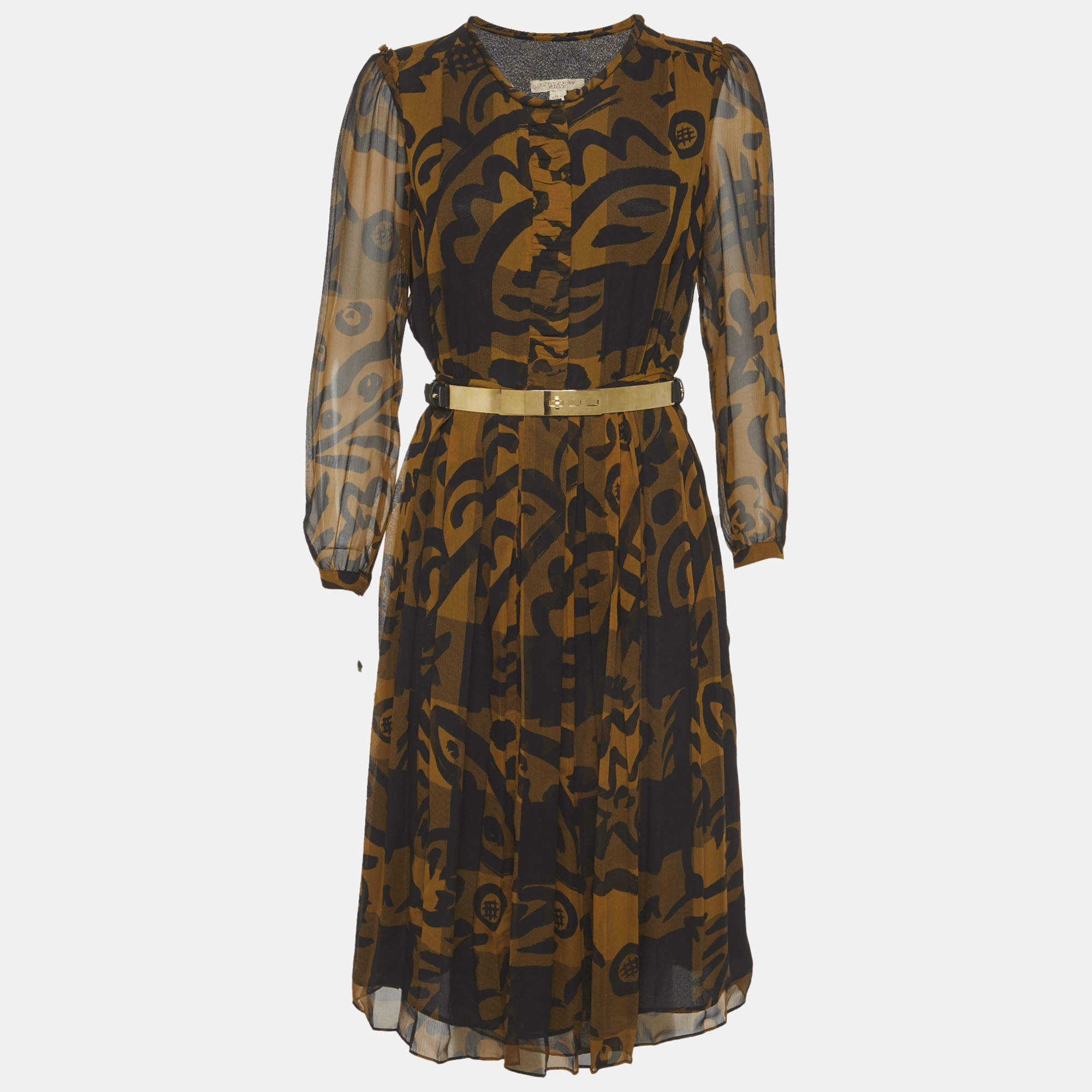Pre Owned Burberry Brit Black/Mustard Abstract Print Silk Midi Dress M