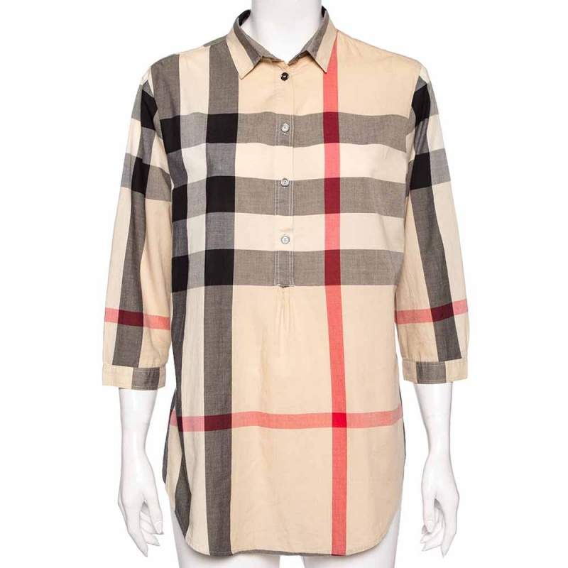 Burberry Brit Beige Exploded Check Cotton Button Front Tunic M 