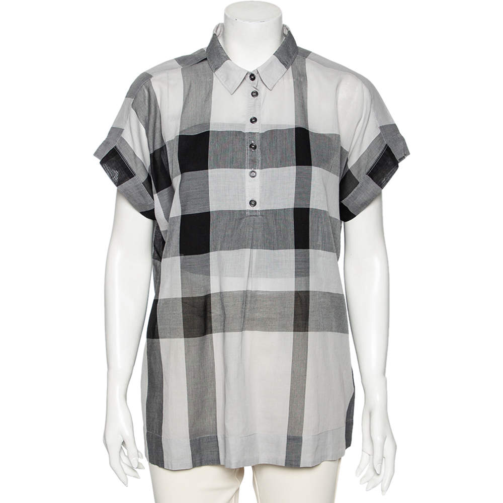 Burberry Brit Grey Checkered Cotton Half Button Shirt XL