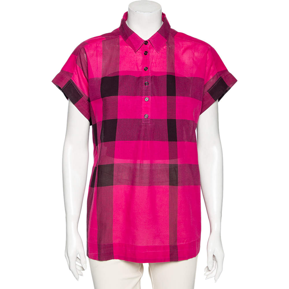Pre Owned Burberry Brit Pink Checkered Cotton Half Button Shirt L
