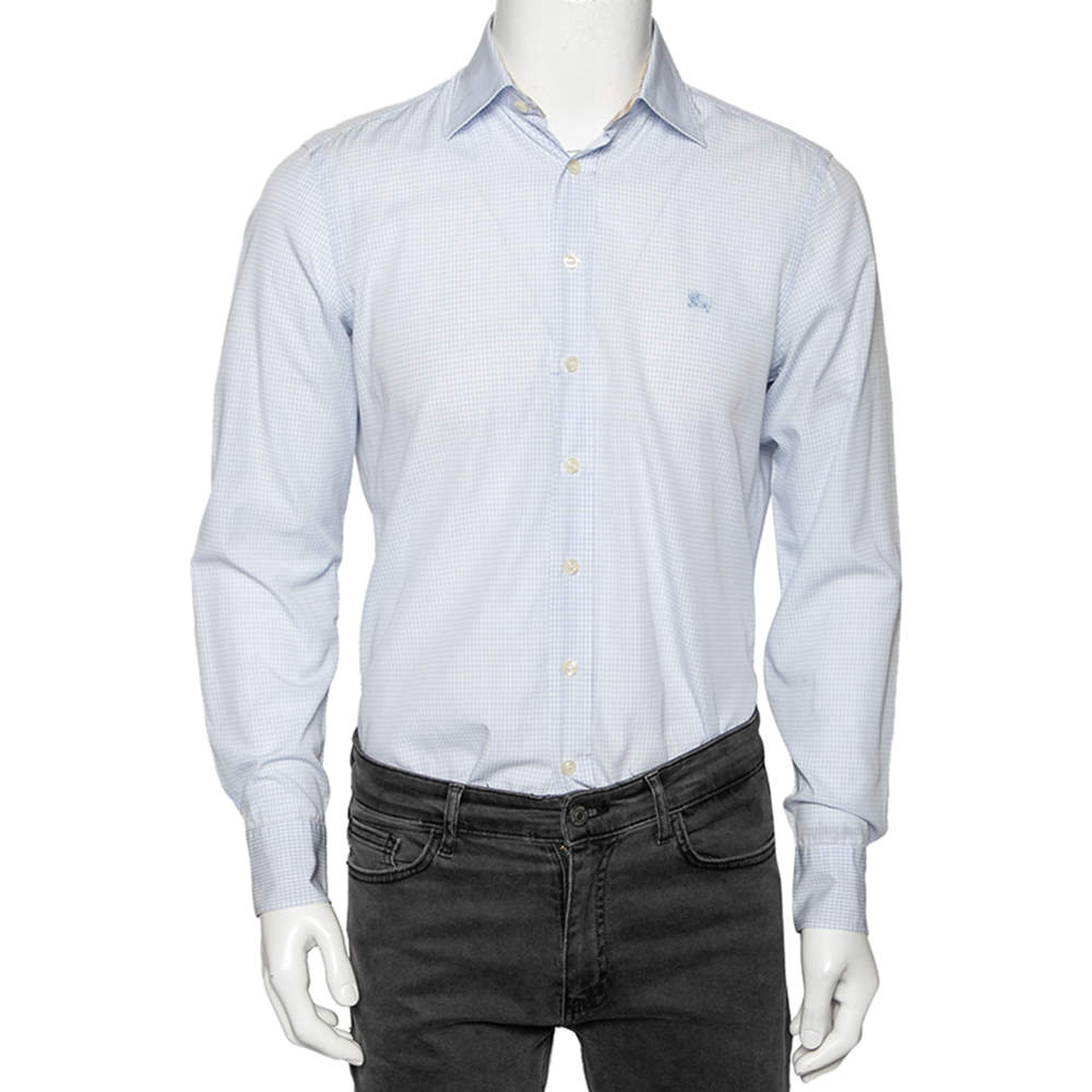 Pre Owned قميص بربري بريت قطن كاروهات أزرق بأزرار أمامية مقاس متوسط - ميديوم