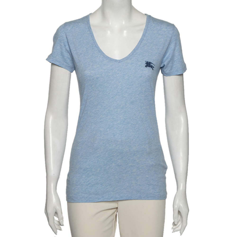 Pre Owned Burberry Brit Blue Cotton Logo Embroidered Short Sleeve T-Shirt XS