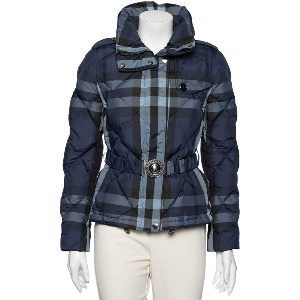 Pre Owned Burberry Brit Navy Blue Down Quilted Synthetic Long Sleeve Jacket XS