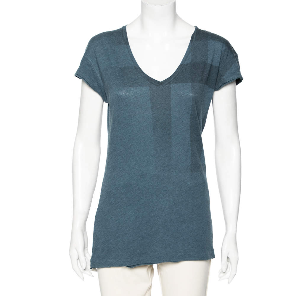 Burberry Brit Blue Check Cotton V Neck Top M