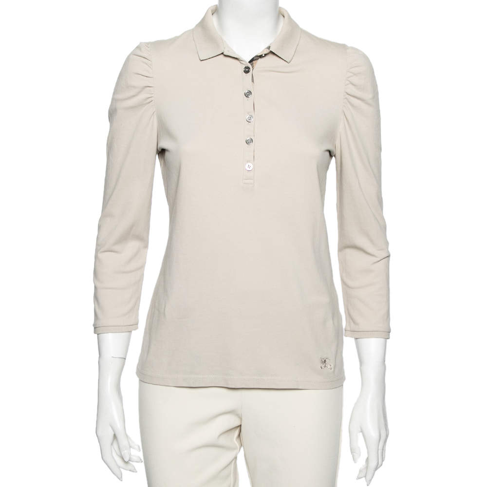 Pre Owned Burberry Brit Beige Cotton Pique Puff Long Sleeve Polo T-Shirt M