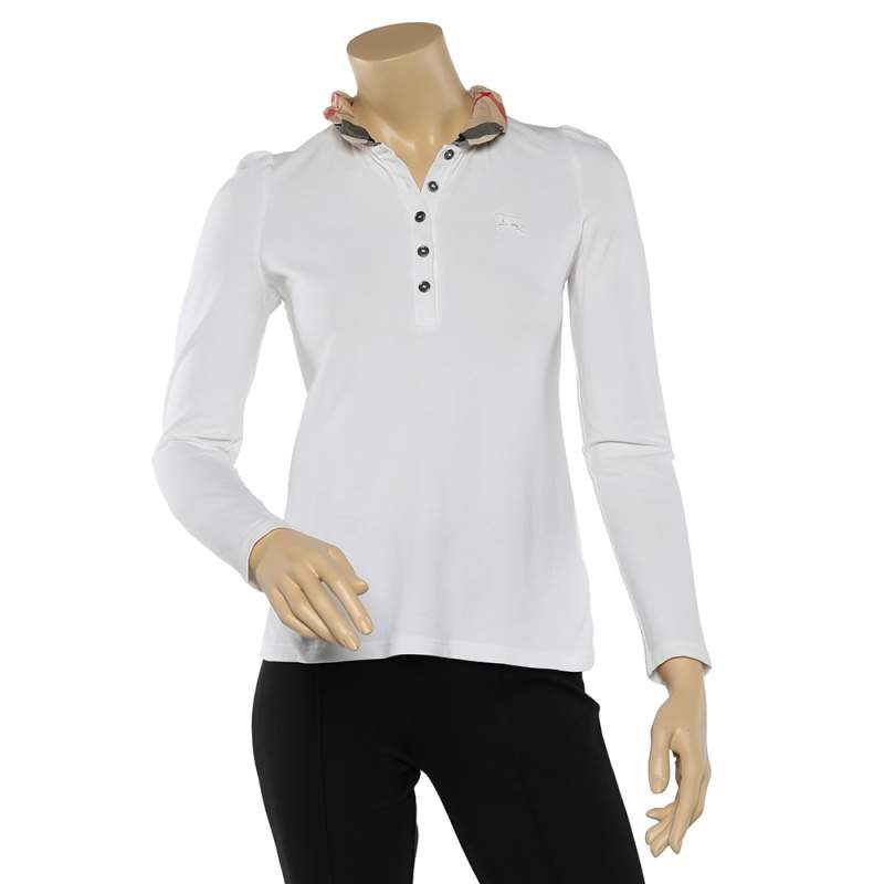 Pre Owned تي شيرت بربري بريت قطن أبيض بأكمام طويلة وياقة كاروهات مقاس صغير جدًا - إكس سمول