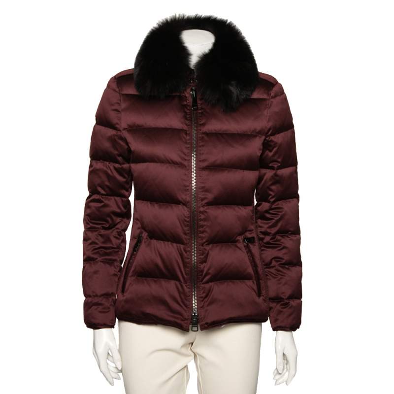 Pre Owned Burberry Brit Burgundy Synthetic Fox Fur Trimmed Puffer Jackets S