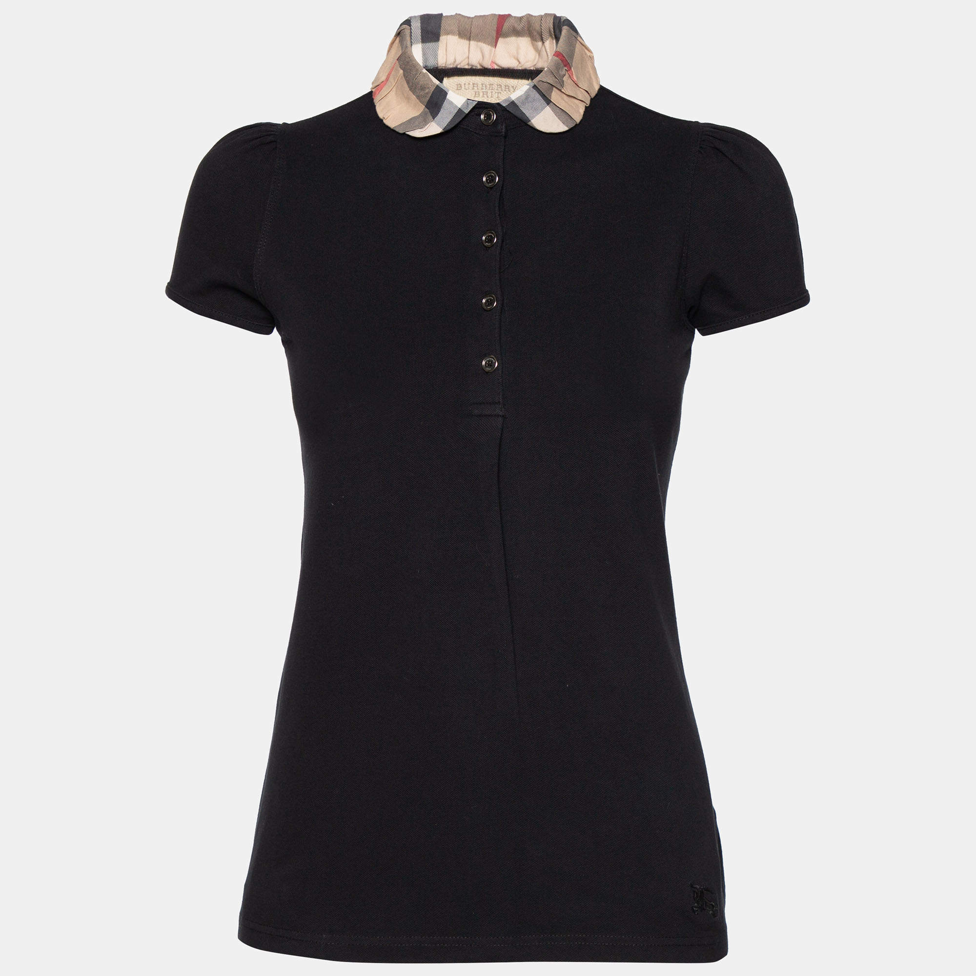Pre Owned Burberry Brit Black Honeycomb Knit Nova Check Collar Detail Polo T-Shirt S