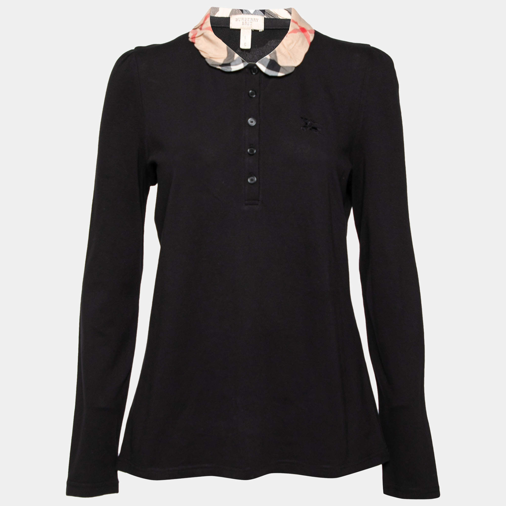 Pre Owned Burberry Brit Black Cotton Pique Nova Check Trim Detail Polo T-Shirt L