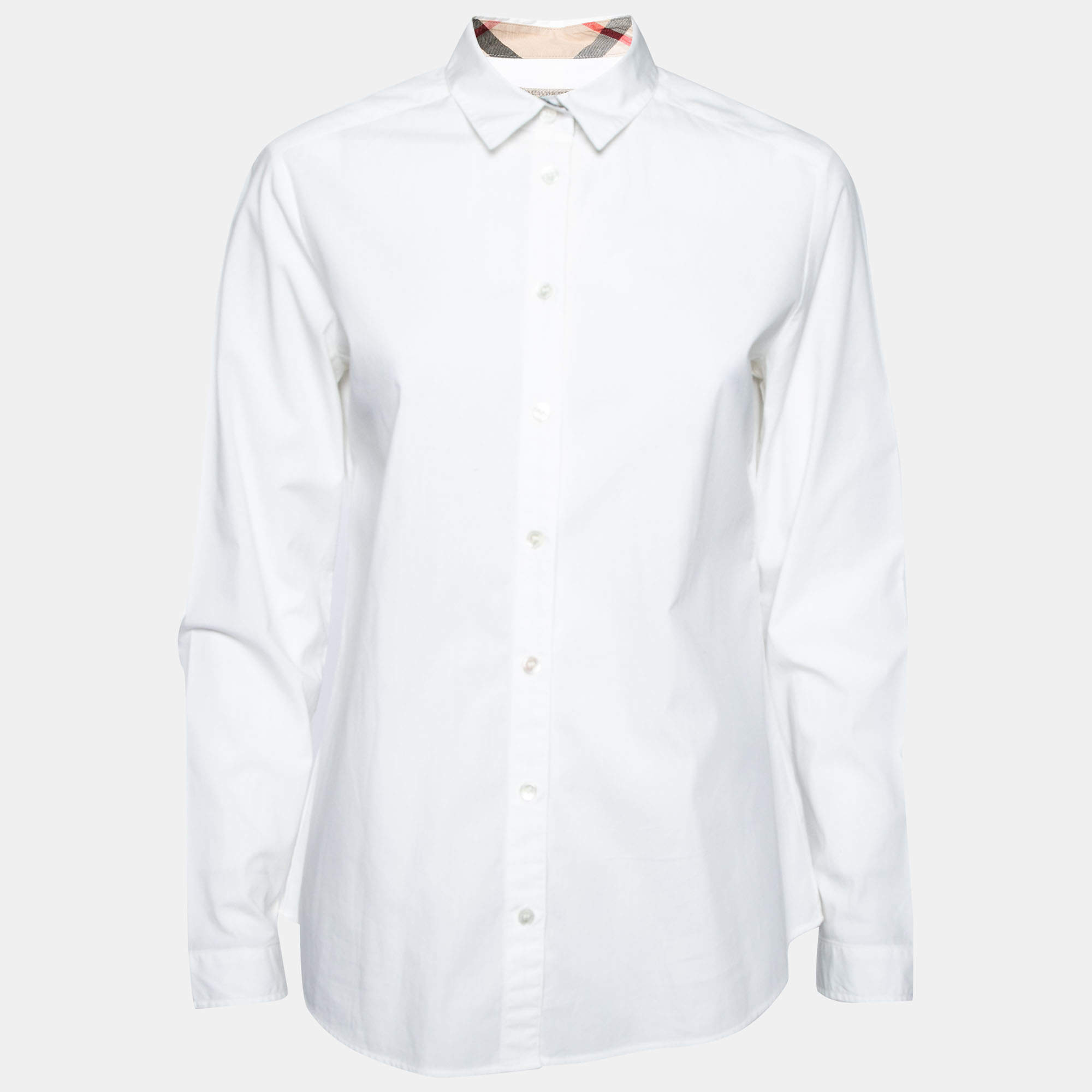 Pre Owned قميص بربري بريت طرف كاروهات قطن أبيض مزين بأزرار أمامية مقاس وسط ( ميديوم )