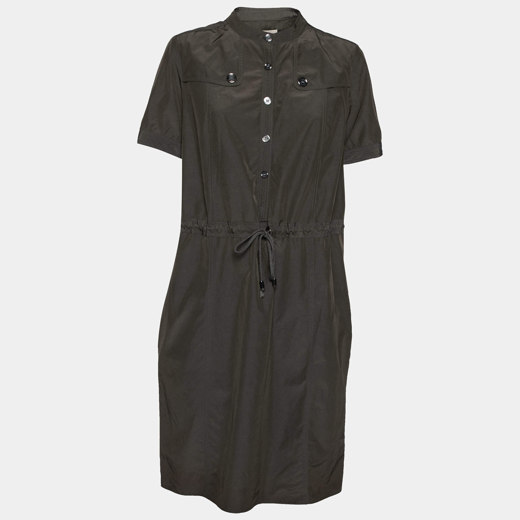 Pre Owned Burberry Brit Olive Cotton Drawstring Elasticized Waist Shirt Dress M