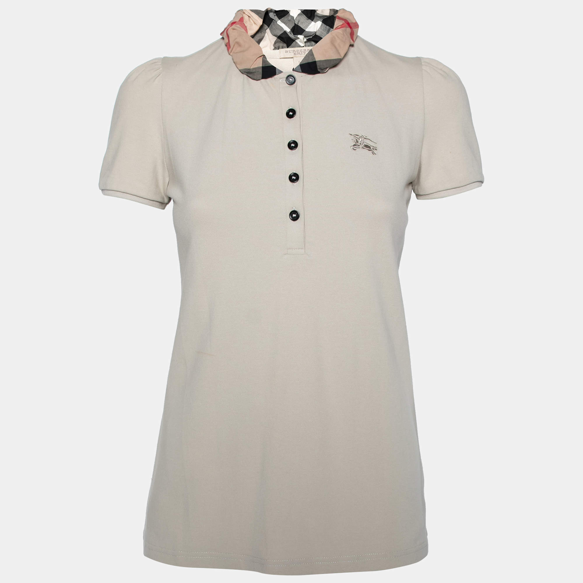 Pre Owned Burberry Brit Beige Honeycomb Knit Nova Check Collar Detail Polo T-Shirt S