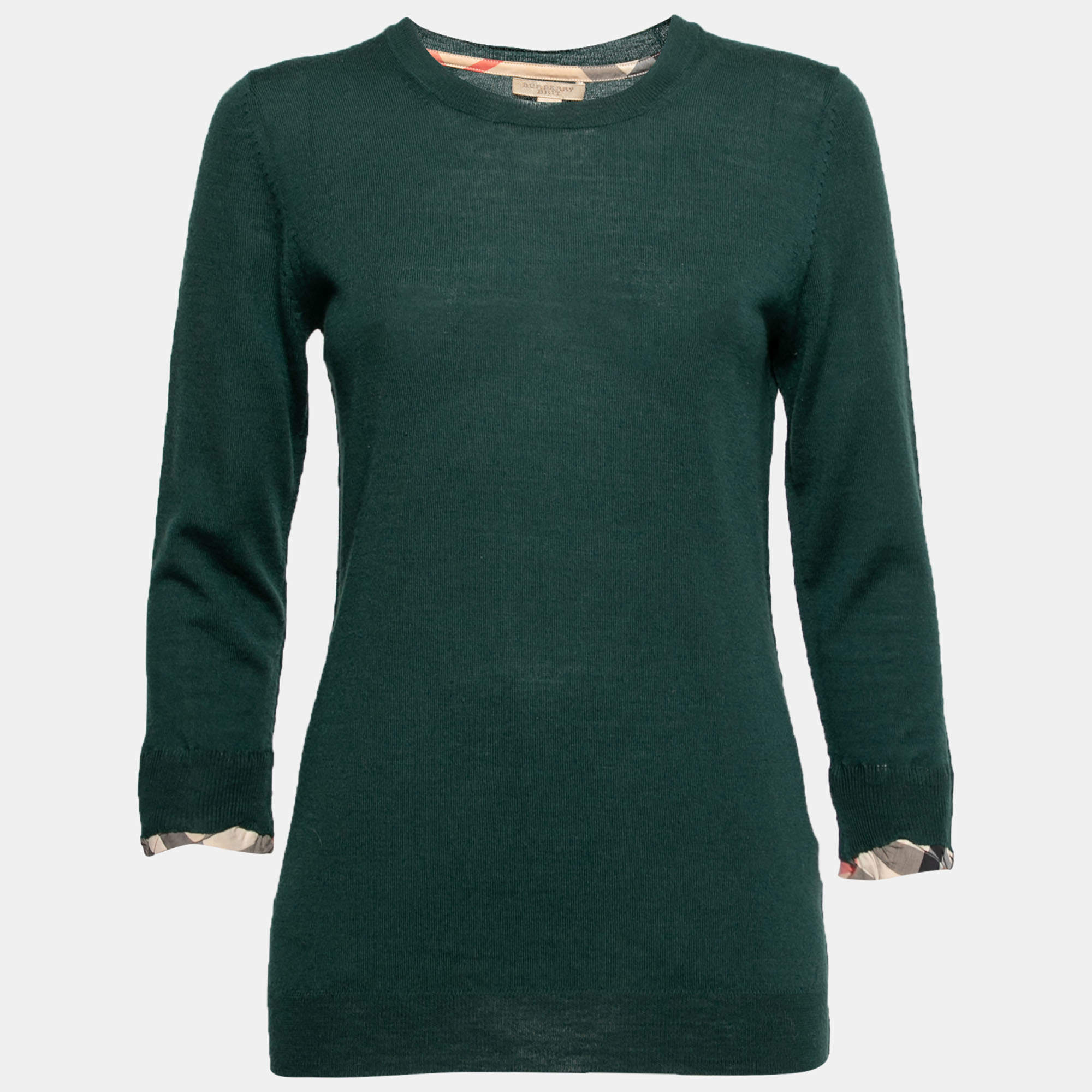 Pre Owned Burberry Brit Green Merino Wool Nova Check Cuff Detail Sweater S