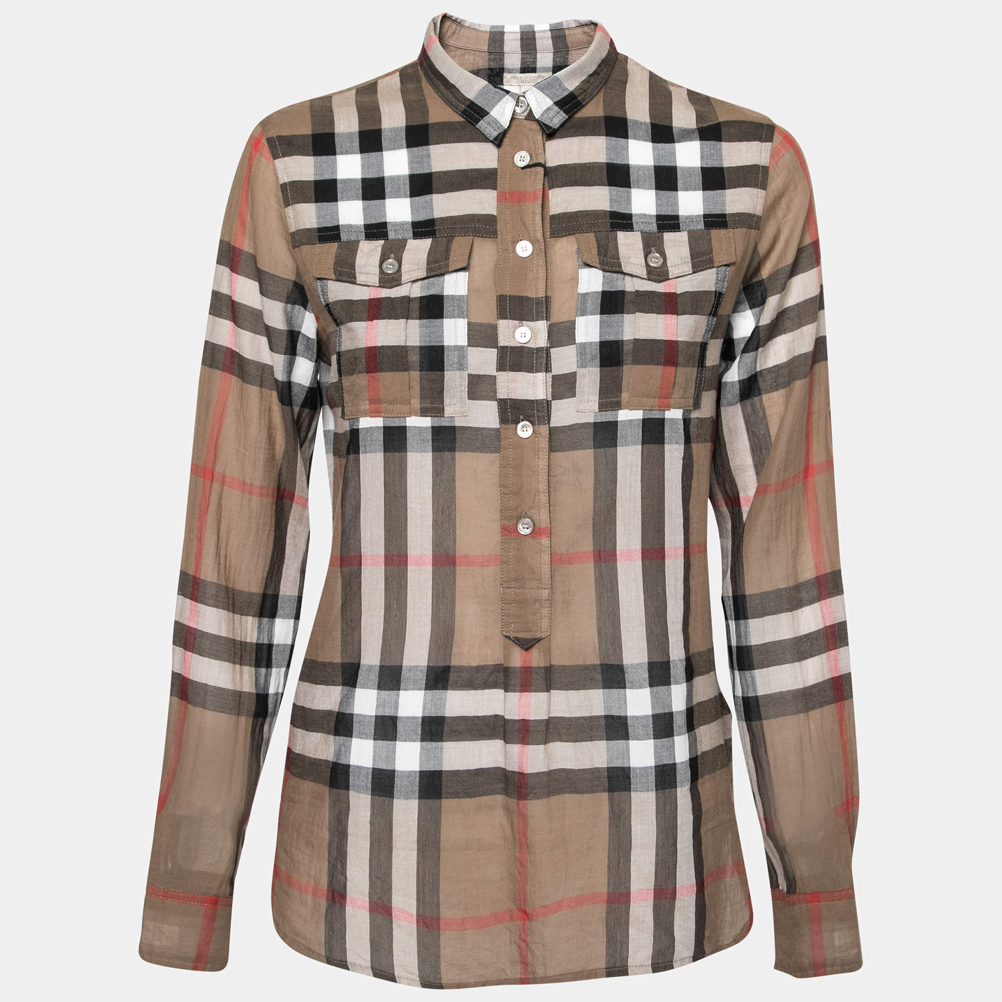 Pre Owned Burberry Brit Brown Checked Cotton Pocketed Blouse S