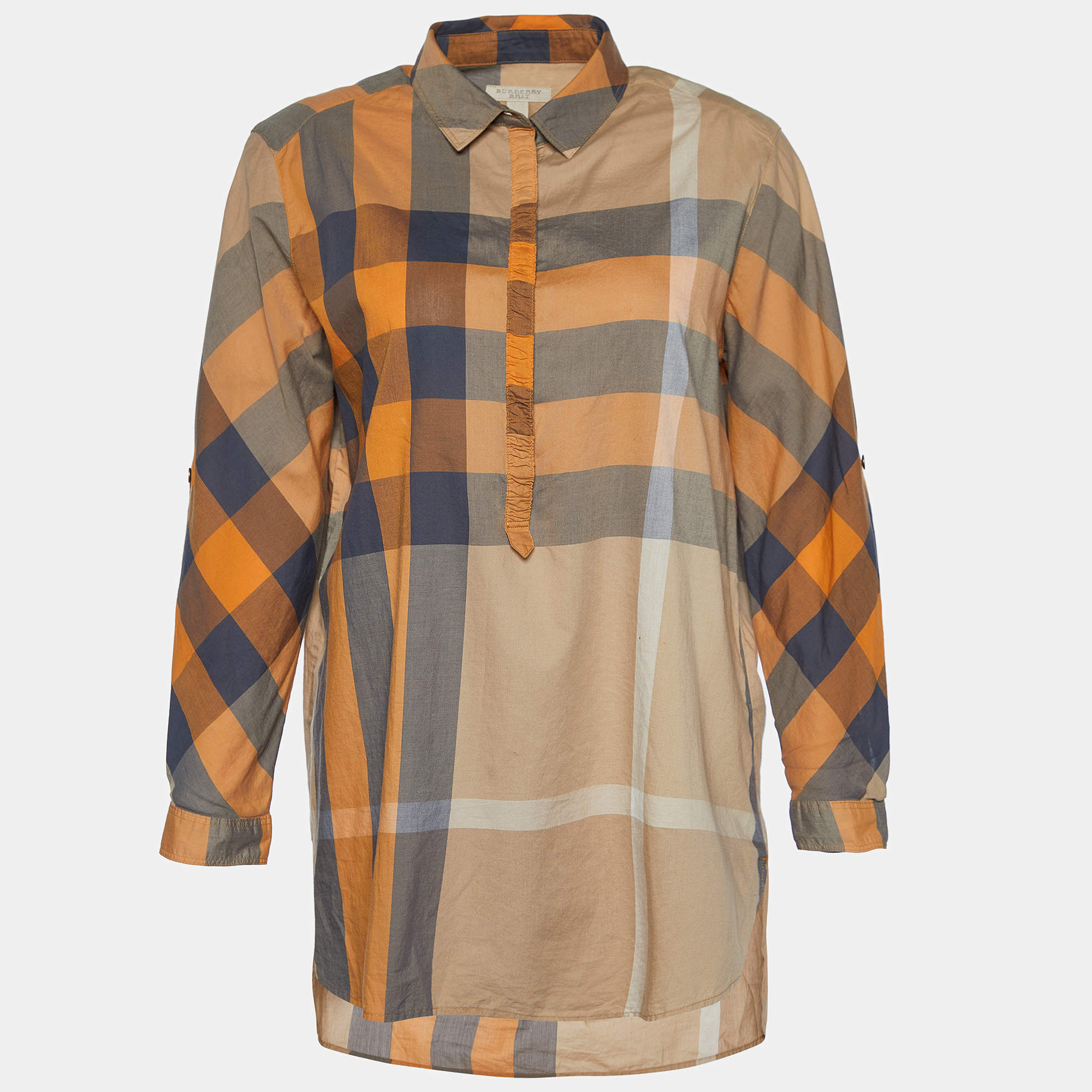 Burberry Brit Orange Checked Cotton Gathered Button Front Blouse M 