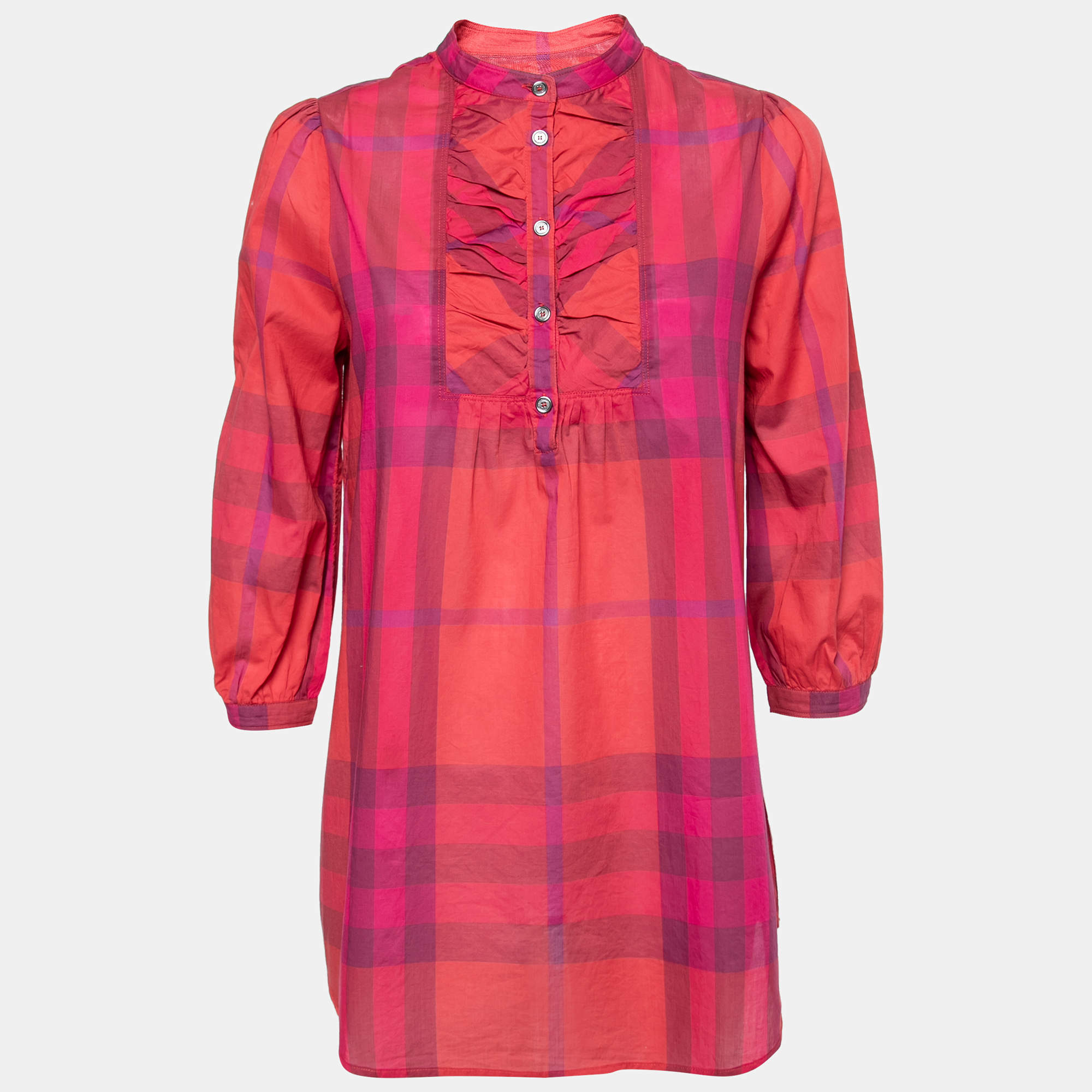 Pre Owned Burberry Brit Pink Madras Check Cotton Ruched Neck Detail Tunic S