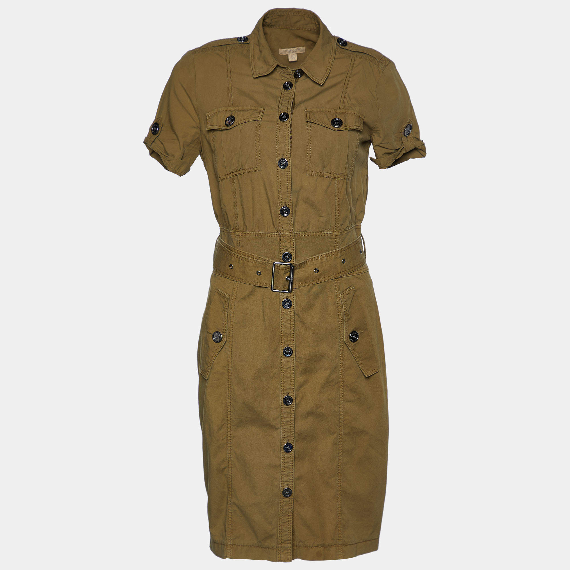 Pre Owned Burberry Brit Olive Green Stretch Cotton Belted Button Front Dress S