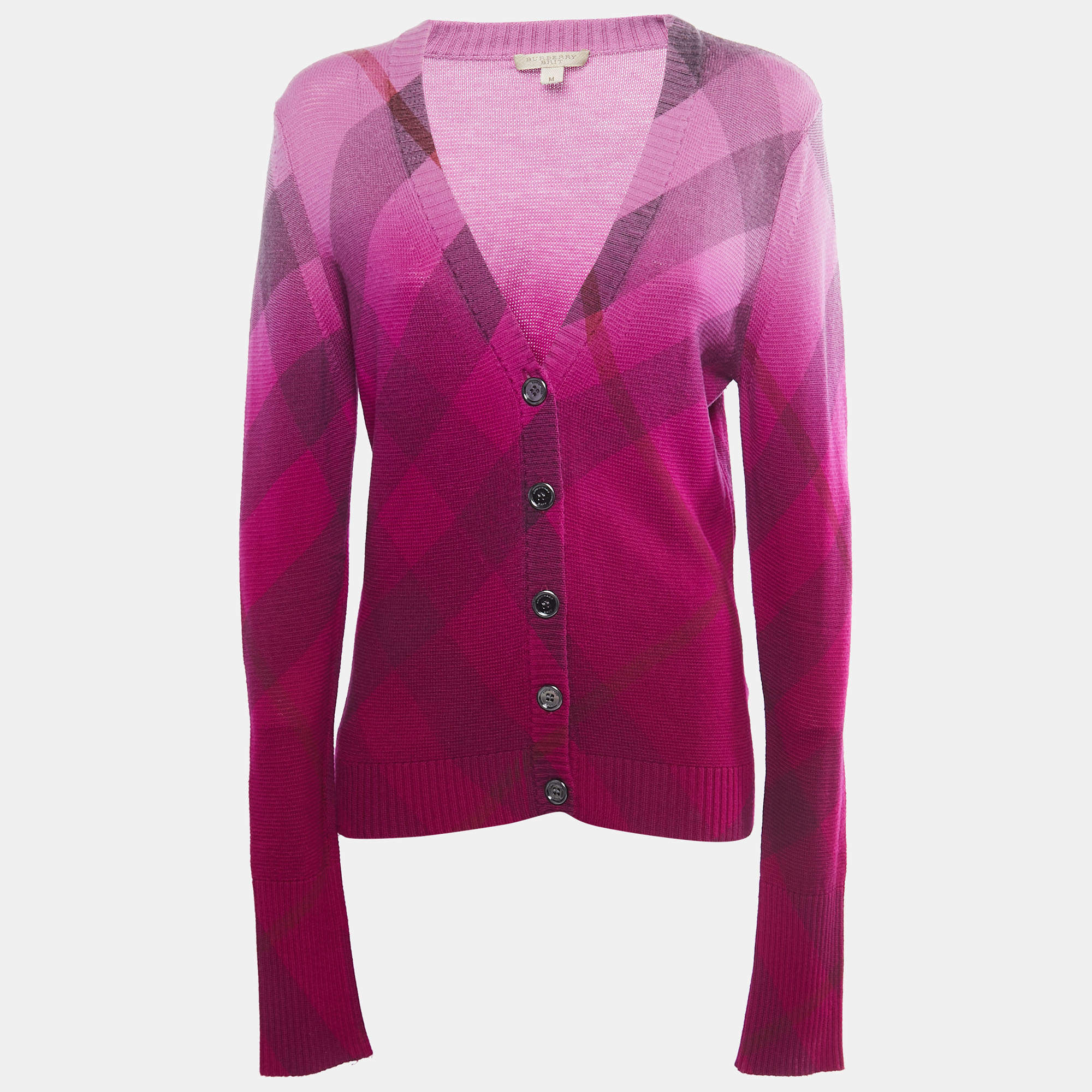 Burberry Brit Purple Checked Wool & Cashmere Cardigan M
