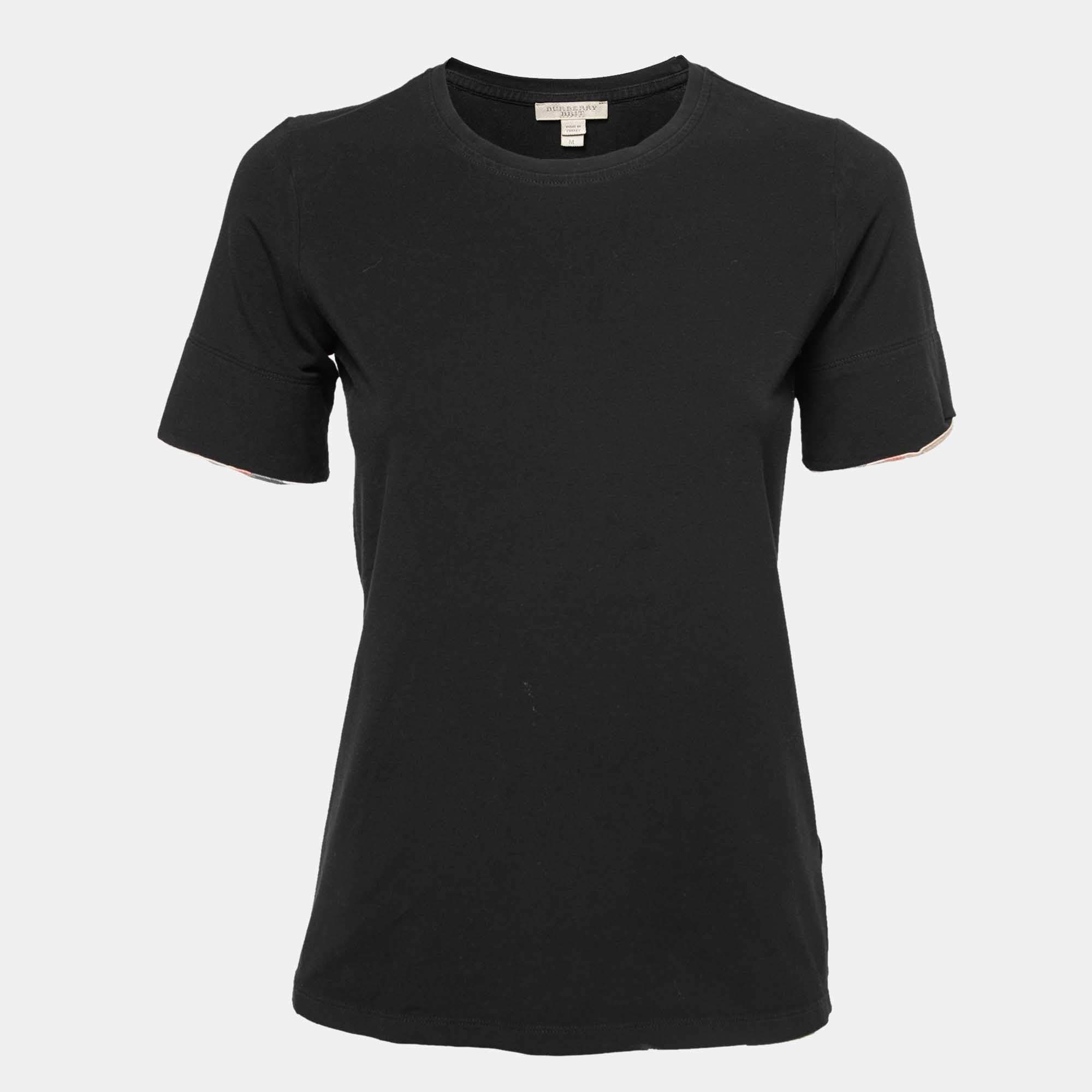 مملوكة مسبقًا Burberry Brit Black Stretch Cotton Nova Check Trim Round Neck T-Shirt M